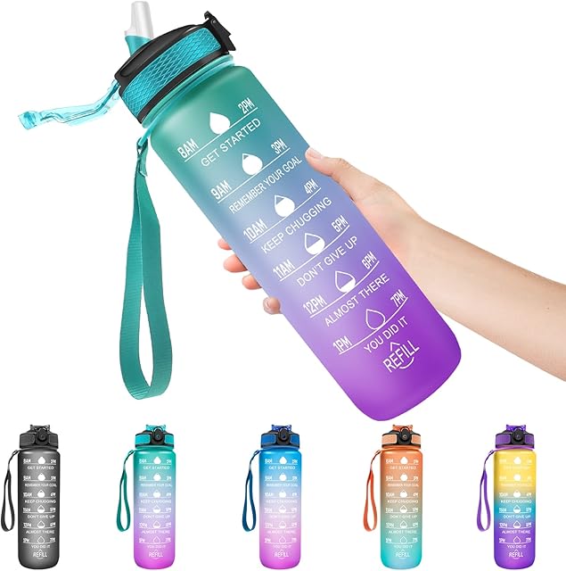 WOODFIB Sport Water Bottle 1L, Motivational Water Bottle with Straw & Time Maker, BPA Free, Leakproof & Secure Locking Lid, Tritan Plastic Drink Bottle for School/Cycling/Running/Gym (Green purple)