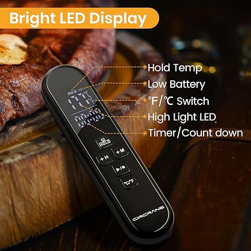 Miniatura 5 de Circrane Termómetro digital de lectura instantánea, pantalla LED de alto brillo con enormes dígitos y alarma, termómetro de carne para asar, cocinar