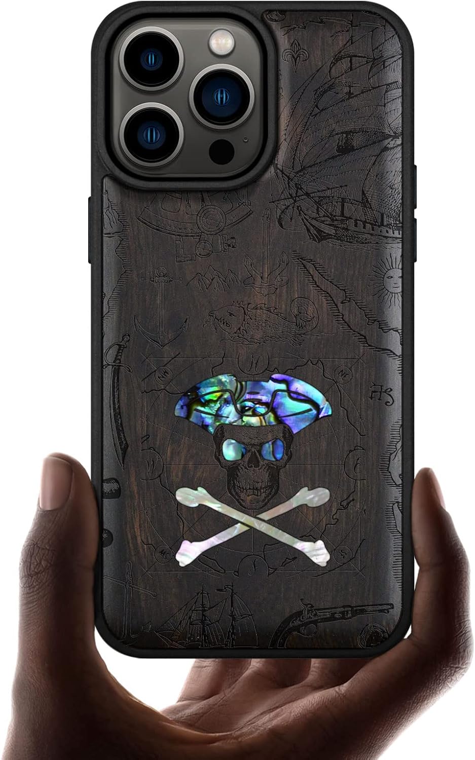 Carveit Designer Wooden Protective Magnetic Case for iPhone 14 Pro Max Case [Wood Engraving & Shell Inlay] Wood Phone Cover Compatible with 14 Pro Max MagSafe (Pirate Skull-Blackwood)