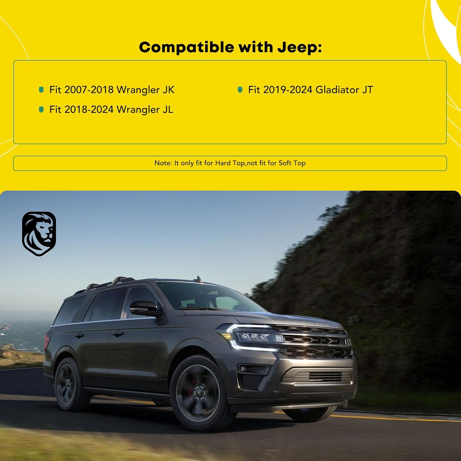 Image showing a Jeep vehicle and a list of compatible Jeep Wrangler and Gladiator models and years.