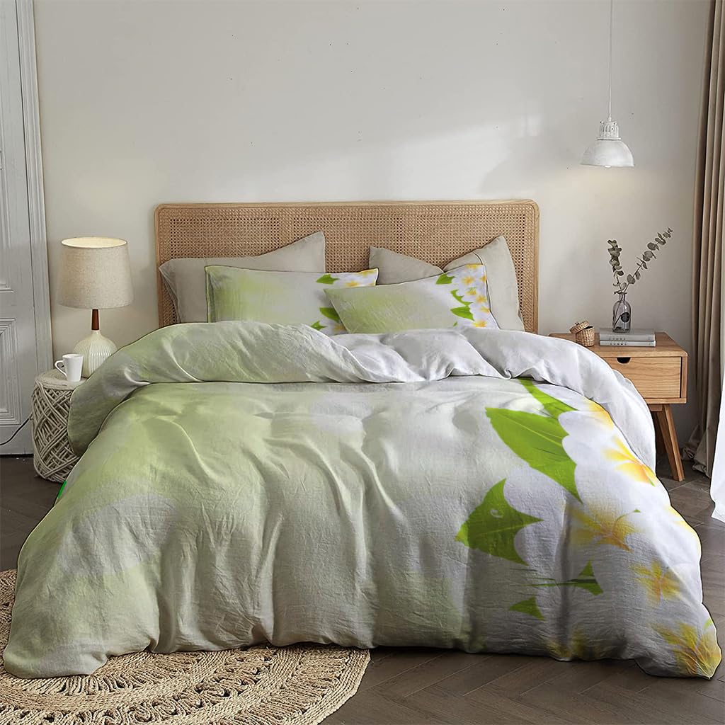 NIBAINLO 布団カバープルメリアの花と葉 肌に優しい ピーチスキン加工 掛け布団カバー 和式 洋式 あったか 布団カバーセット リバーシブル ホームステイ ホテル 家庭兼用