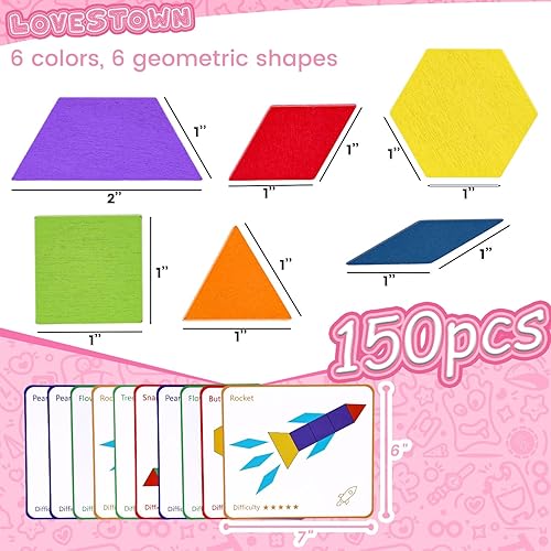 Miniatura 5 de LovesTown 150 bloques de patrón de madera, formas geométricas, bloques Tangram rompecabezas para niños con tarjetas de desafío, juguetes educativos