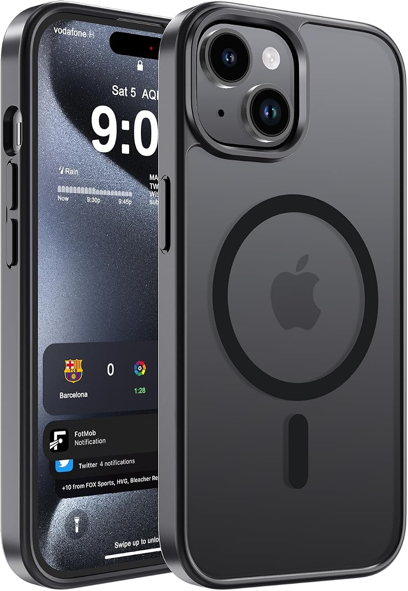 WRJ Funda magnética para iPhone 13/iPhone 14 de 6,1 pulgadas, funda para iPhone 15, negro | Compatible con Magsafe, protección contra caídas de grado militar, funda protectora delgada translúcida antihuellas a prueba de golpes para teléfono