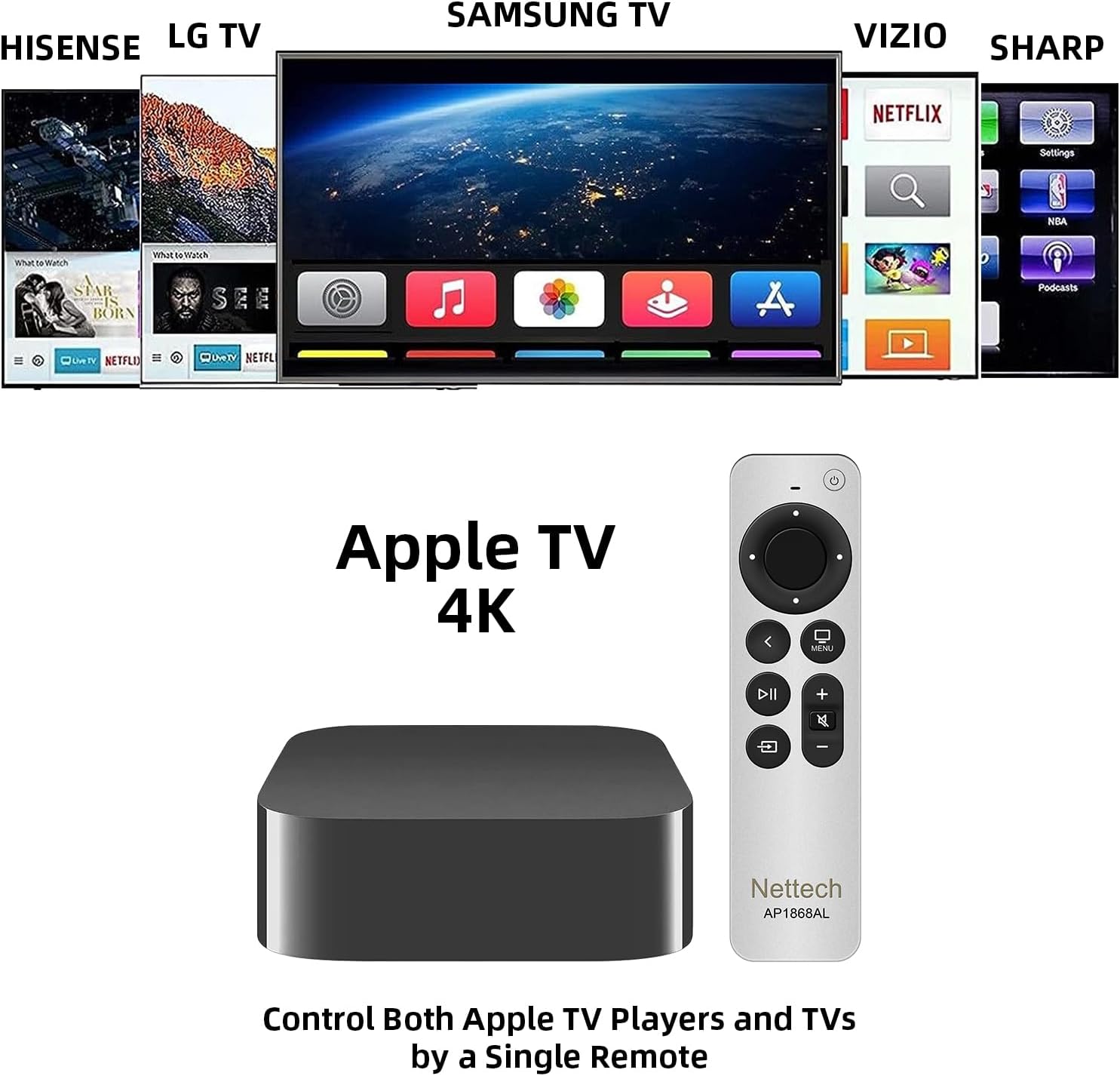 Nettech AP1868AL remote next to an Apple TV box, showing control over various TV brands