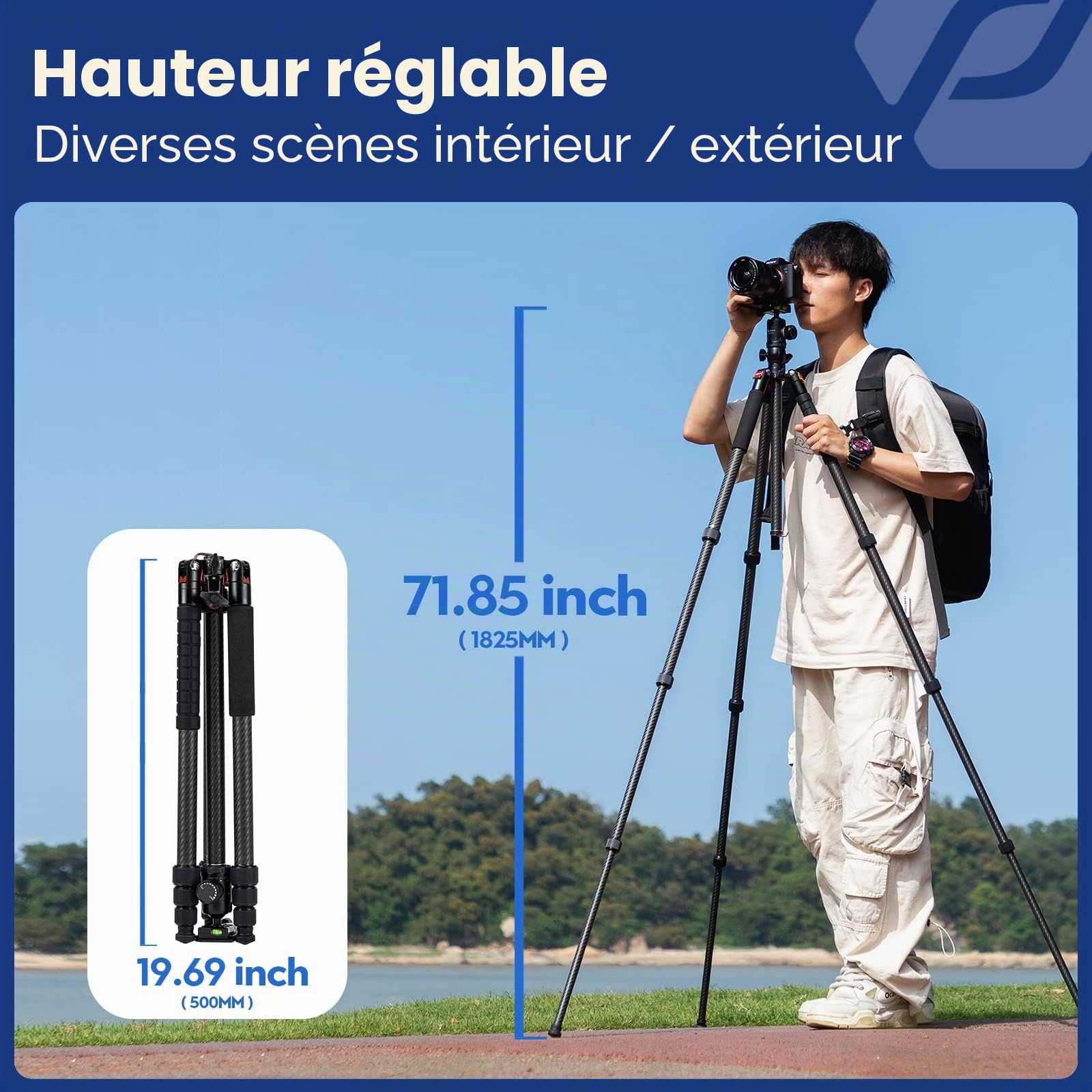 Fotopro Trépied Horizontal en Fibre de Carbone de 184 cm avec tête sphérique à 360 degrés, Plaque de dégagement Rapide pour Appareil Photo Reflex numérique de Voyage, caméscope, caméscope