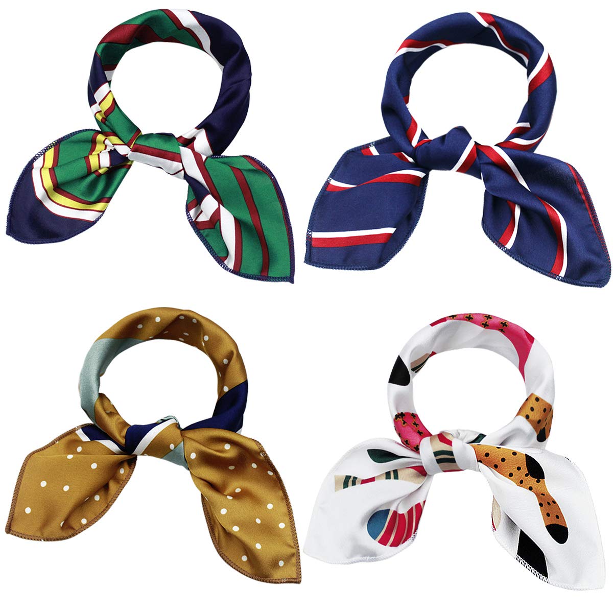 4PCS Neck Square Scarf 48*48cm, Silk Square Scarves, Elegant Womens Silk Square Scarves Bandana Fashion Print Pattern, Ladies Hair Scarf, Silk Neckerchiefs, Ladies Stewardess Hand Head Handbag