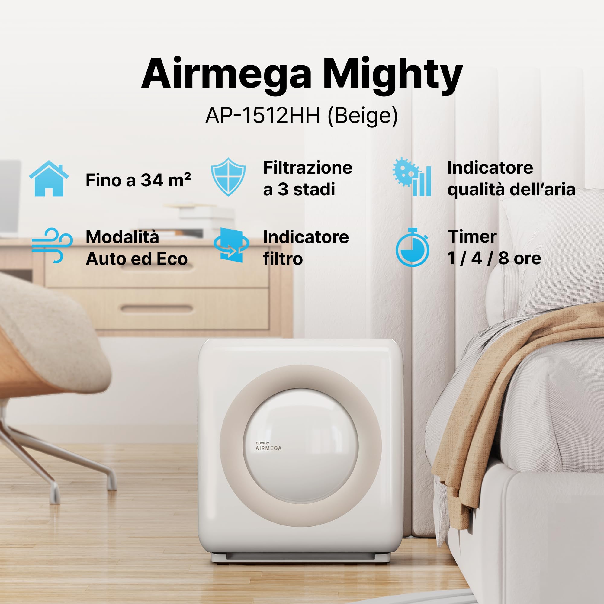 COWAY Purificatore d'Aria HEPA Casa Allergie, Auto, MIGHTY AP-1512HH, Beige — immagine 2 di 13