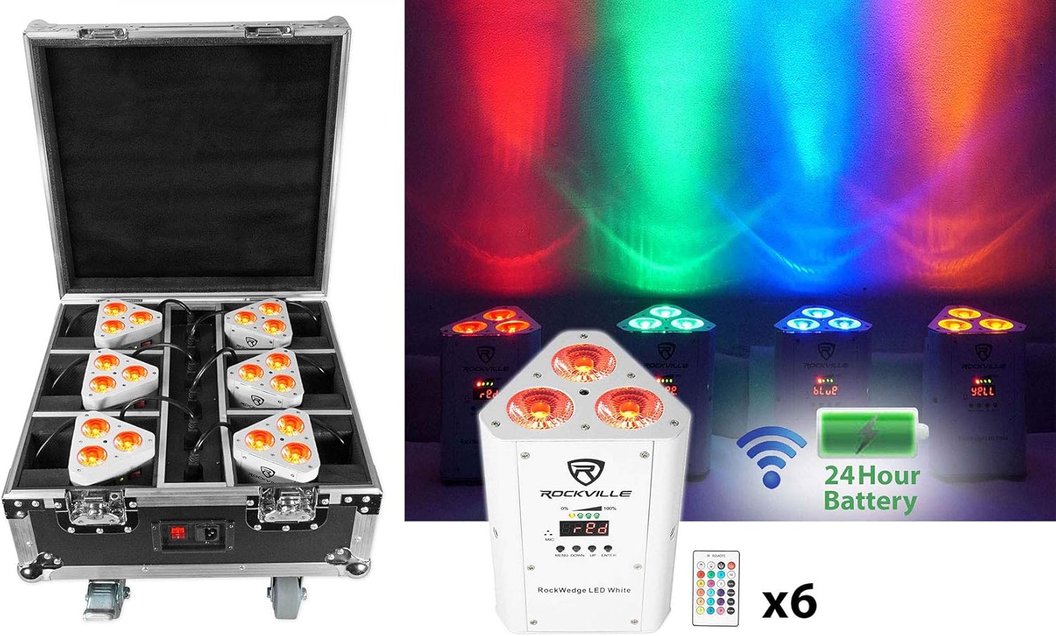 Rockville ROCKWEDGE Package White Bundle: (6) 3x6-Watt RGBWA-UV Battery Wireless Par Lights with Charging Case, ROCKFORCE W2 192-Channel 2.4GHz Wireless DMX Lighting Controller, 2-Items