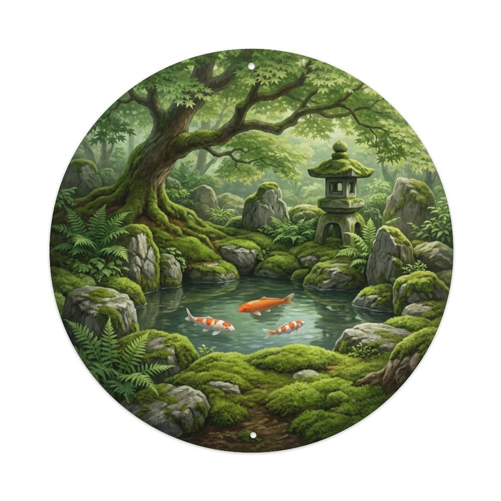 Galvaxio Style Japanese Koi Fish Moss Garden Green Lush Metal Tin Sign