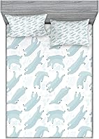 Vista 1 de Ambesonne Bear Fitted Sheet & Pillow Sham Set, Swimming Polar Bears North Pole Arctic Mammals Winter Frozen Sea Hand Drawn, Decorative Printed 3