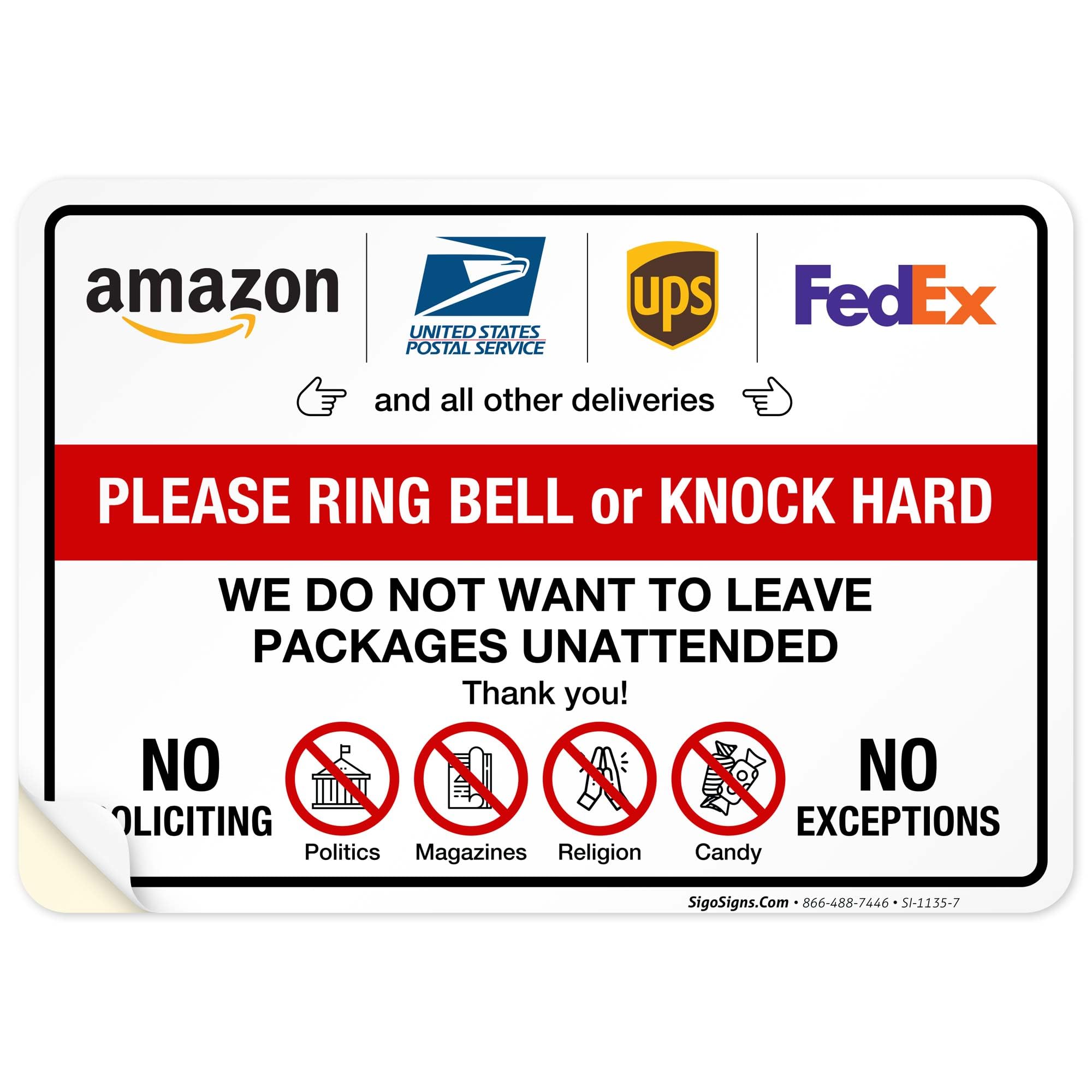 Do Not Leave Packages Here Sign, Please Ring Bell Or Knock Hard, 10x7 Inches, 4 Mil Vinyl Decal Stickers Weather Resistant UV Protected, Made in USA