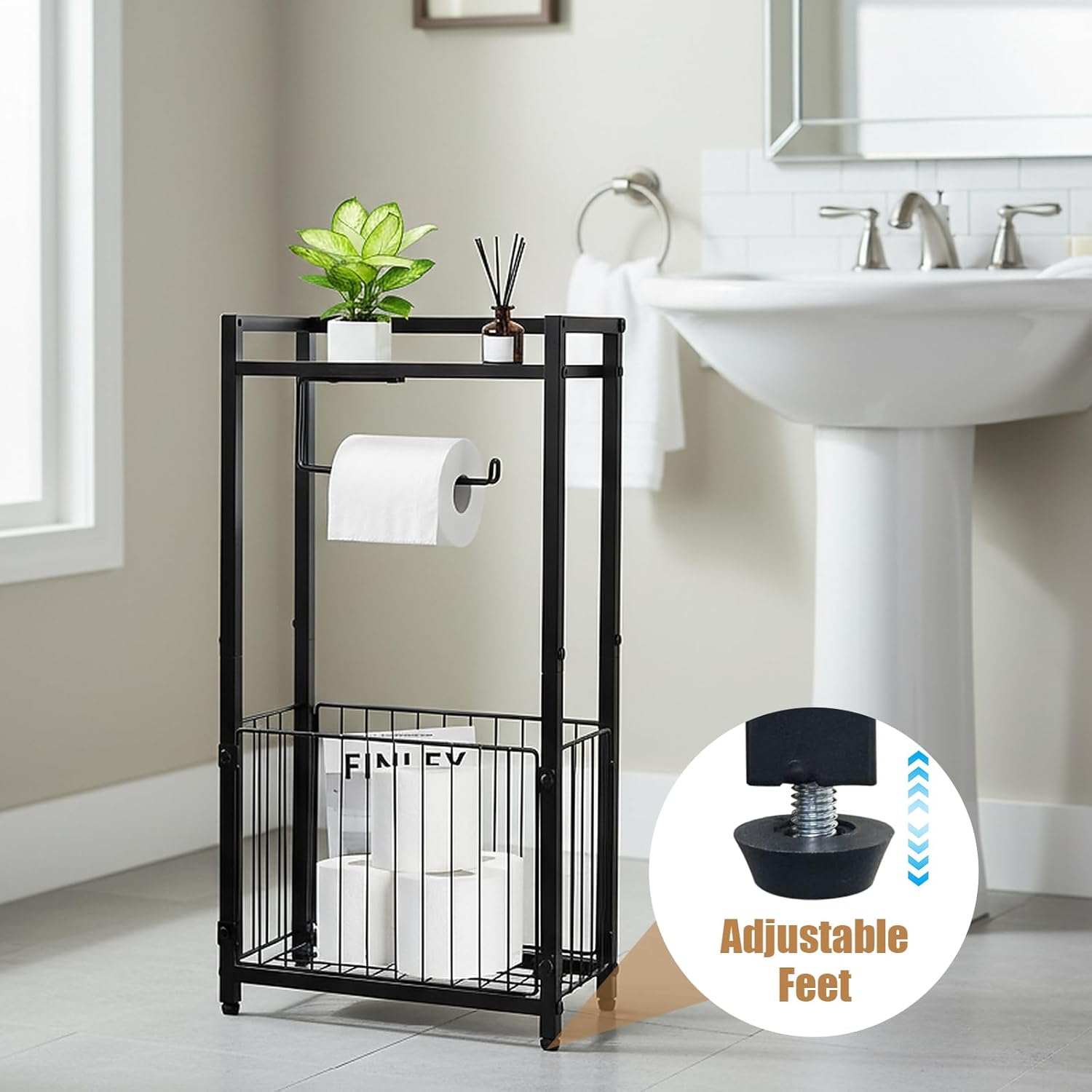 Standing Toilet Paper Holder with Shelf, Black Free Standing Toilet Paper Holder Stand, Bathroom Toilet Paper Storage Holder for Bathroom Organization