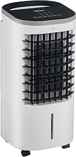 MIDEA Enfriador de Aire Portatil Grande, 3 en 1 con Tanque 5 L, Climatizador Evaporativo con 3 Velocidades, Temporizador 7h, Silencioso, LED, Ventilador Aire Frio con Acumuladores de hielo Extraíbles