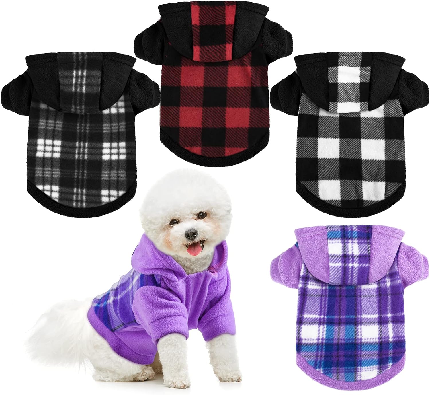 4 Pieces Dog Hoodie Plaid Dog Fleece Sweater Pet Pullover Clothes Warm Hoodie Outfit for Small Dogs Cats (Large)