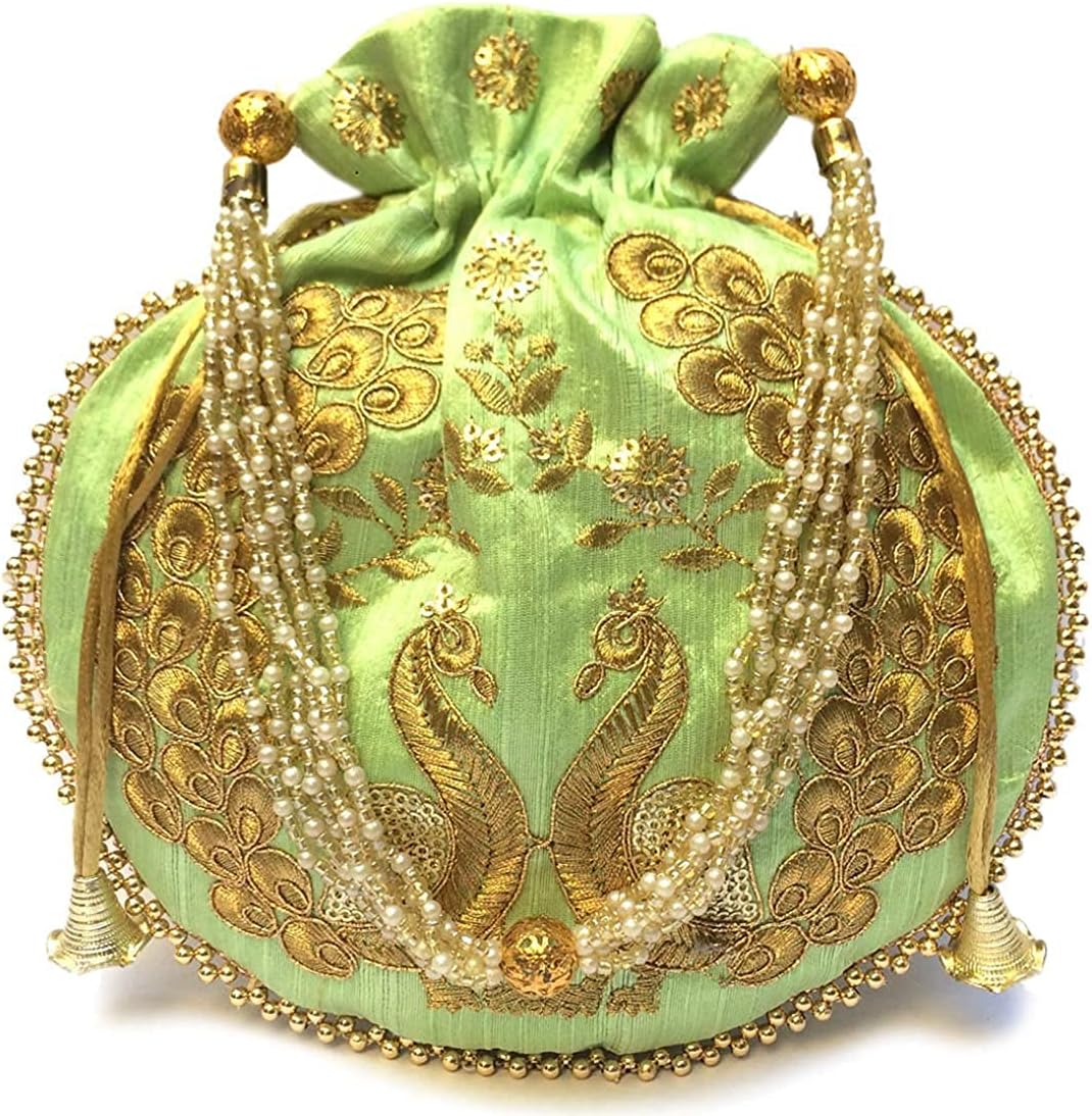 EkavyaEyesart Fashion Potli Bag for Women Ethnic Designer Embroidery Work Batwa Pearls Handle with Intricate Gold Thread & Sequin
