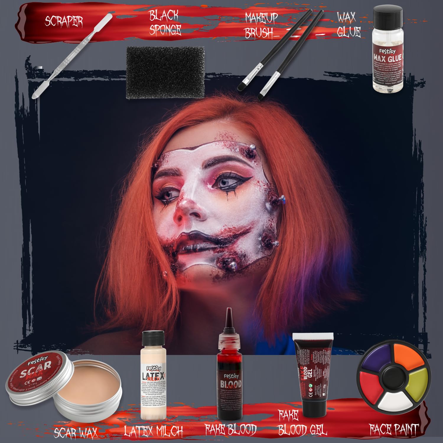 Festicy Specjalny zestaw do makijażu na Halloween, SFX, kompletny zestaw ze sztuczną krwią, lateksem, woskiem do blizn i akcesoriami, sztuczna krew do skóry i ubrań, na Halloween, do przerażających
