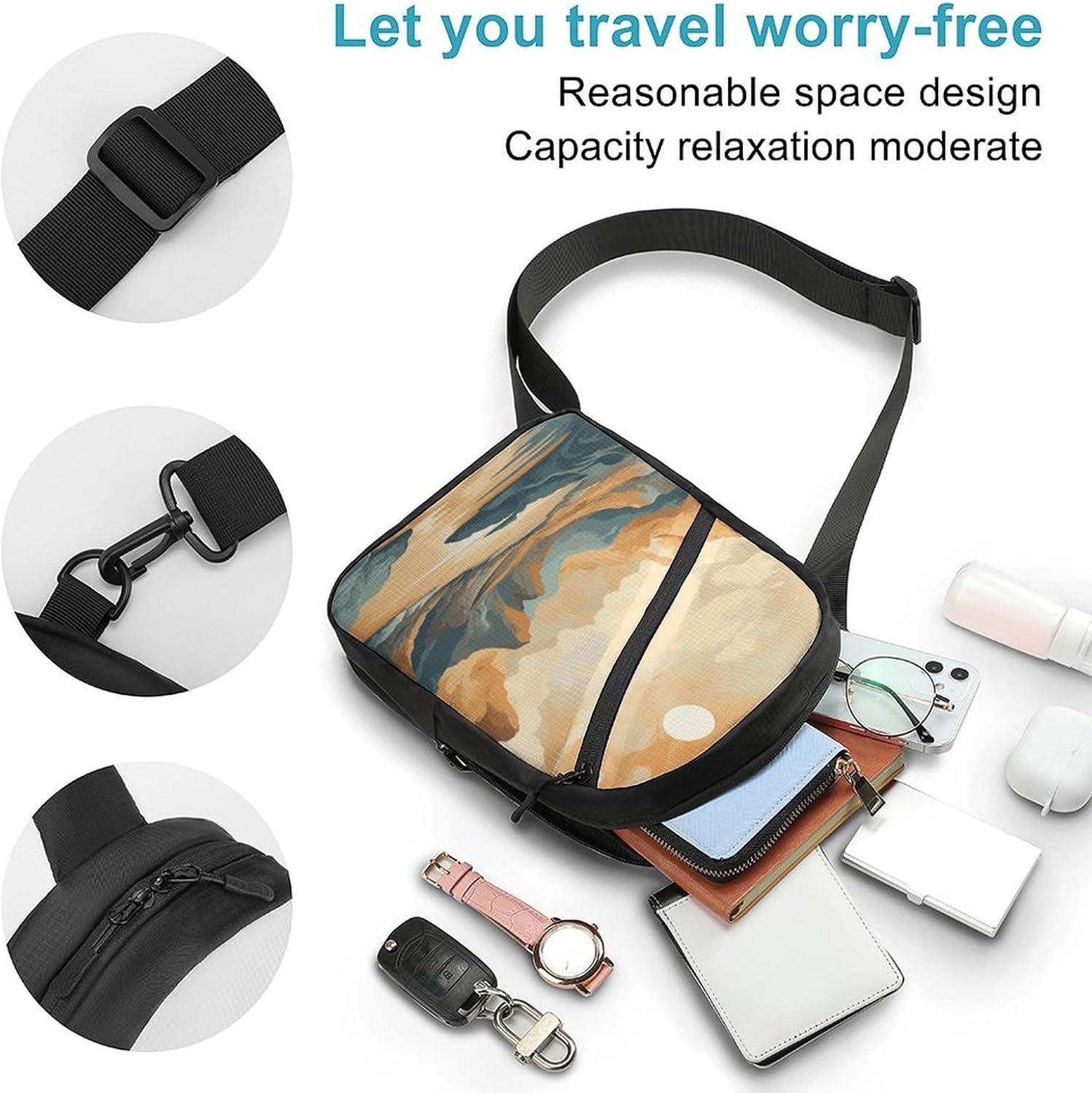 Beige Mountain Painting Crossbody Backpack Sling Bag
