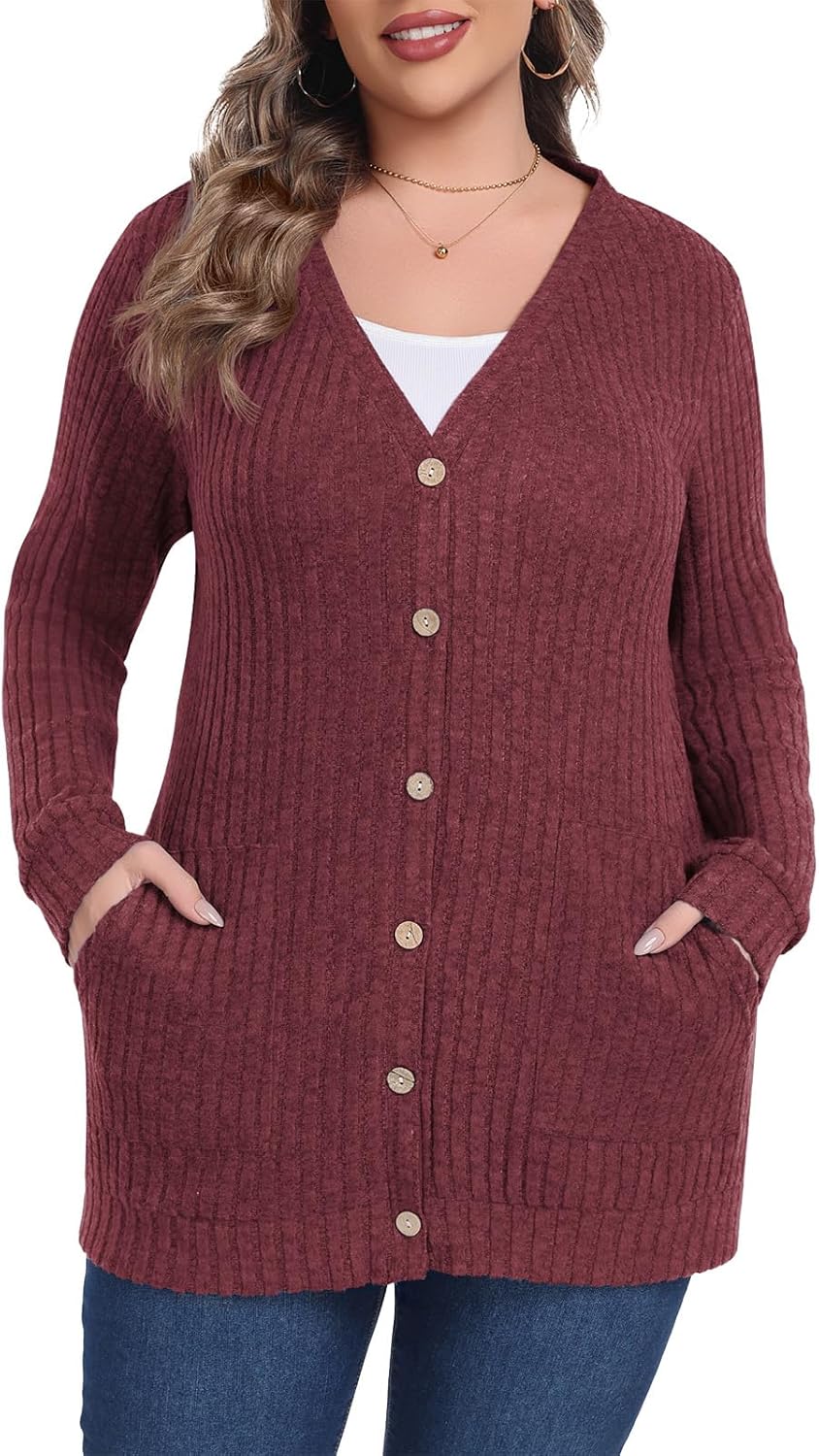 Lastshe Women's Plus Size Cardigan Sweaters Button Down Long Sleeve Fall Cardigans Knit Outwear with Pockets - Image 3