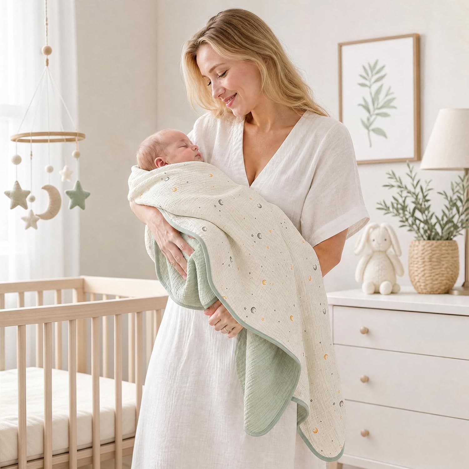 4-Layer Muslin Swaddle Blanket, 100% Cotton Reversible Baby Blanket, Ultra Soft Star & Moon Print, Thick Breathable Gauze Receiving Blanket, 40x40 in for Crib Stroller Nursery