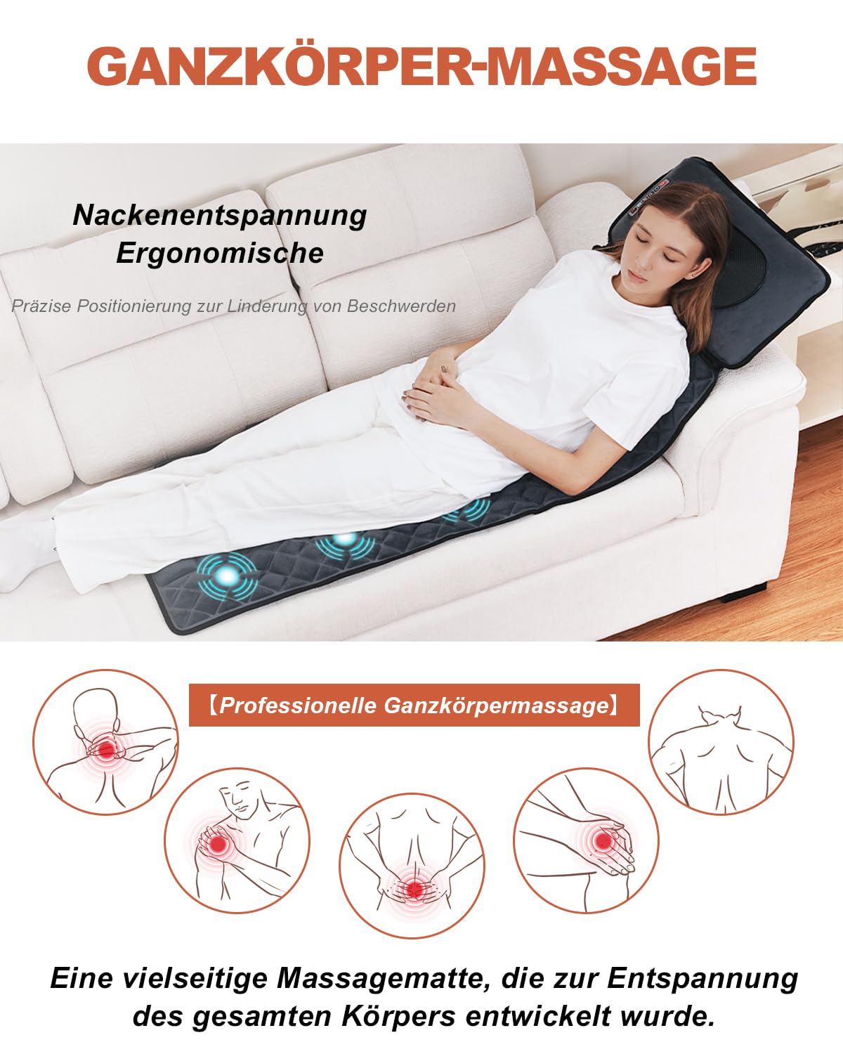 Ganzkörper-Massagematte, 160x50 cm mit Wärme, 30 Massageköpfen, 4-in-1 Luftdruck, Knet, Vibrations und Wärmefunktion, Smart-Kopfstütze mit 6 Tasten, abnehmbar, Massagematte Elektrisch Ganzkörper
