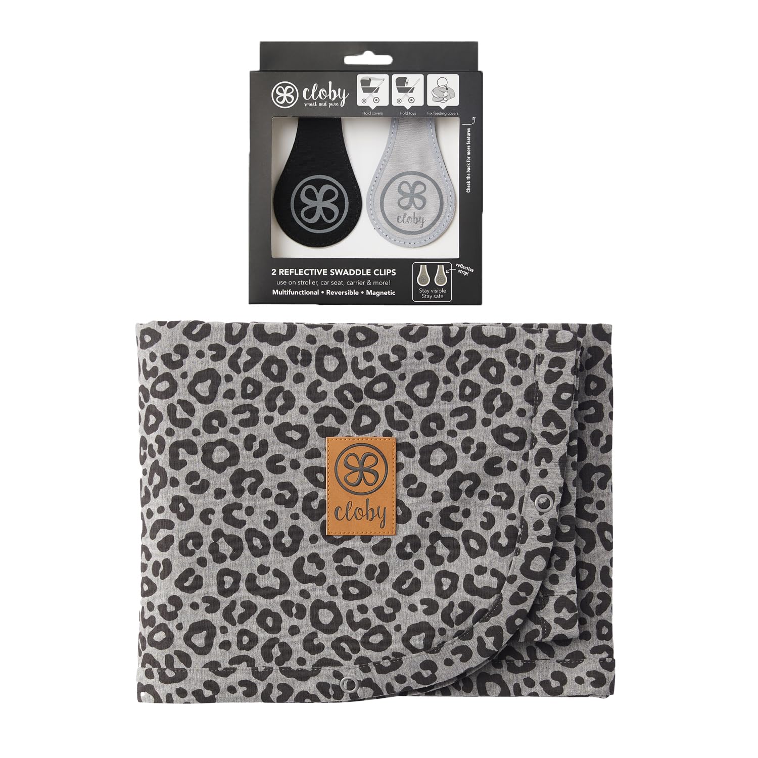 Cloby CBY-SET-LPG-RBLA Set UV-Schutz-Decke Leopard grau/schwarz und reflektierende magnetische Clips schwarz