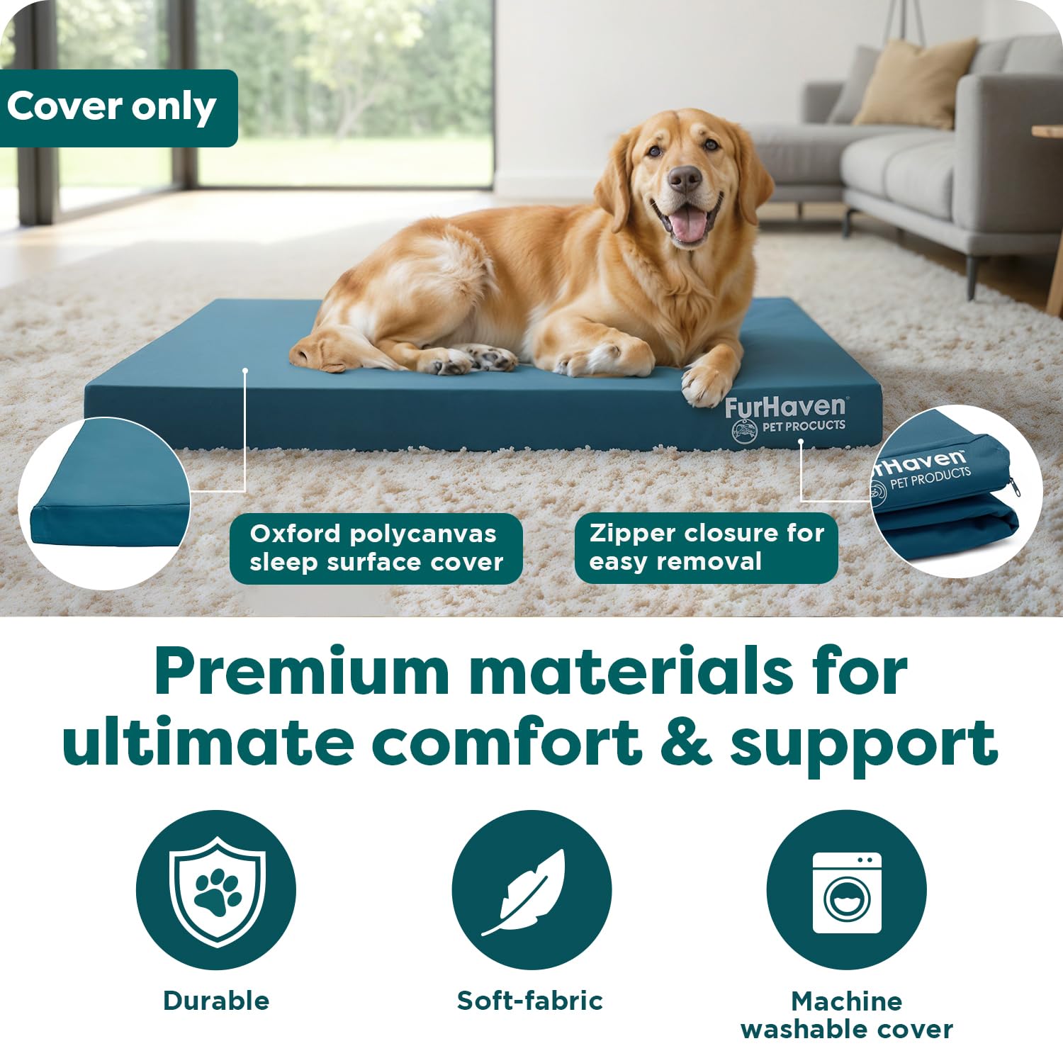 Furhaven Ersatz-Hundebettbezug, wasserabweisend, für drinnen und draußen, Logo-Druck, Oxford-Polycanvas-Matratze, waschbar, Deep Lagoon, Größe L