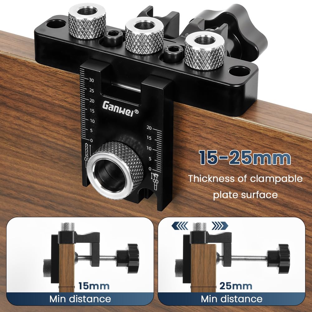 Flintronic Dima per Spinatura Legno, 8/10/15 MM Spinatrice per Legno, 3 in 1 Dima per Fori a Tasca, con clip di posizionamento di regolabile Localizzatore Guida di Perforazione Regolabile