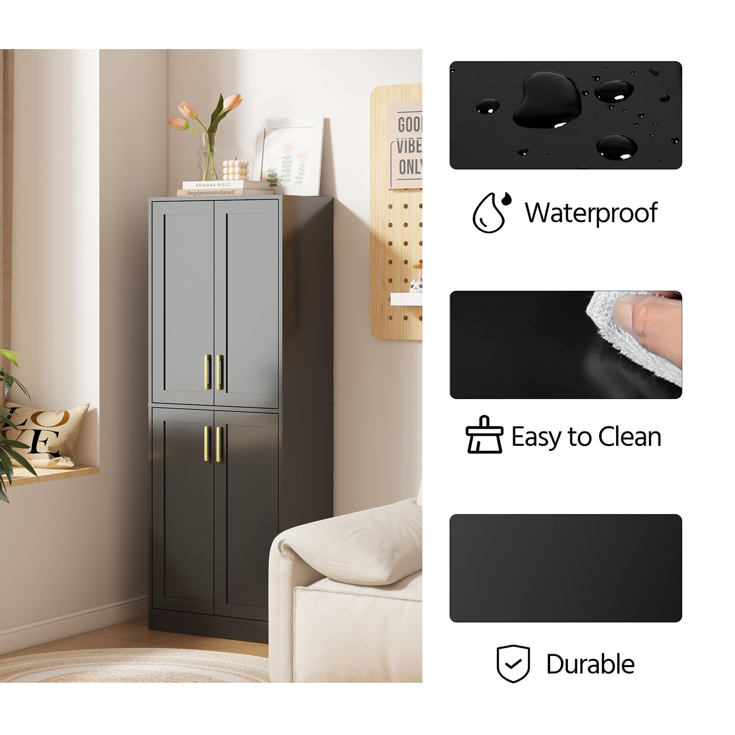 Armario de almacenamiento alto con puertas y estante para baño, sala de estar, entrada - negro 4