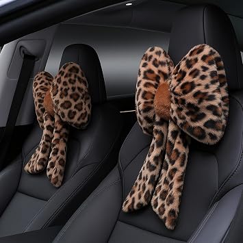Macarrie 2 Pcs Leopard Car Neck Pillow Plush Butterfly Bow Car Headrest Pillow Comfortable Seat Neck Support Cute Head Rest Accessories for Driving Travel Driver Chair Girl Interior DecorBrown