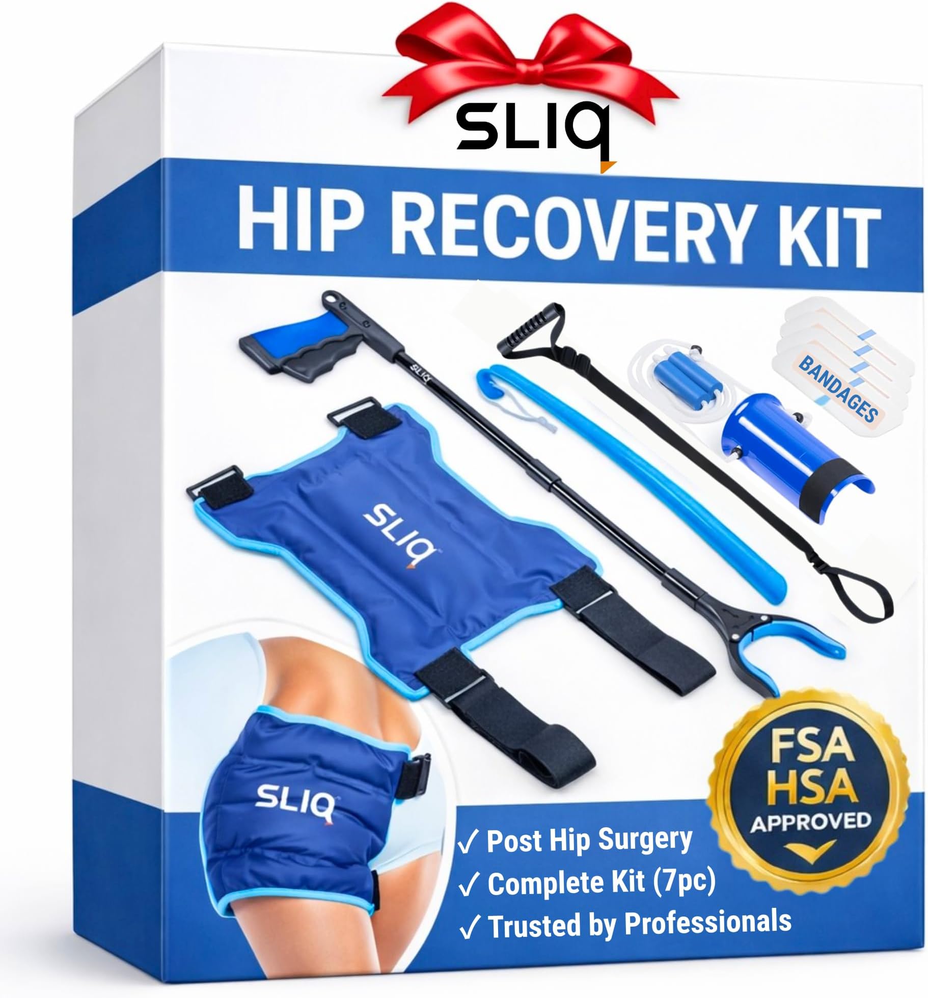 Sliq 7 Pcs Hip Kit for Seniors, Total Recovery Replacement Supplies After Surgery, Hip Replacement Kit After Surgery with Ice Pack, Grabber Tool, Leg Lifter, Sock Aid, Waterproof Bandages