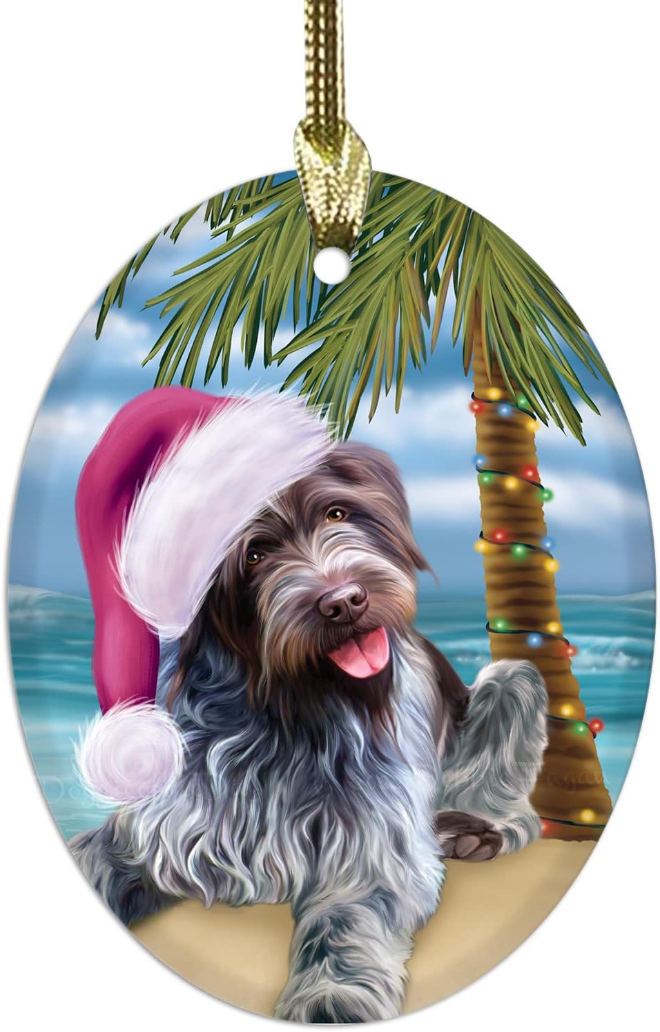 Christmas Summertime Beach Wirehaired Pointing Griffon Dog Oval Glass Christmas Ornament- 3.75" x 2.75" Oval Pet Decorative Hanging Ornaments for Christmas X-mas Tree Decorations, OGO52681