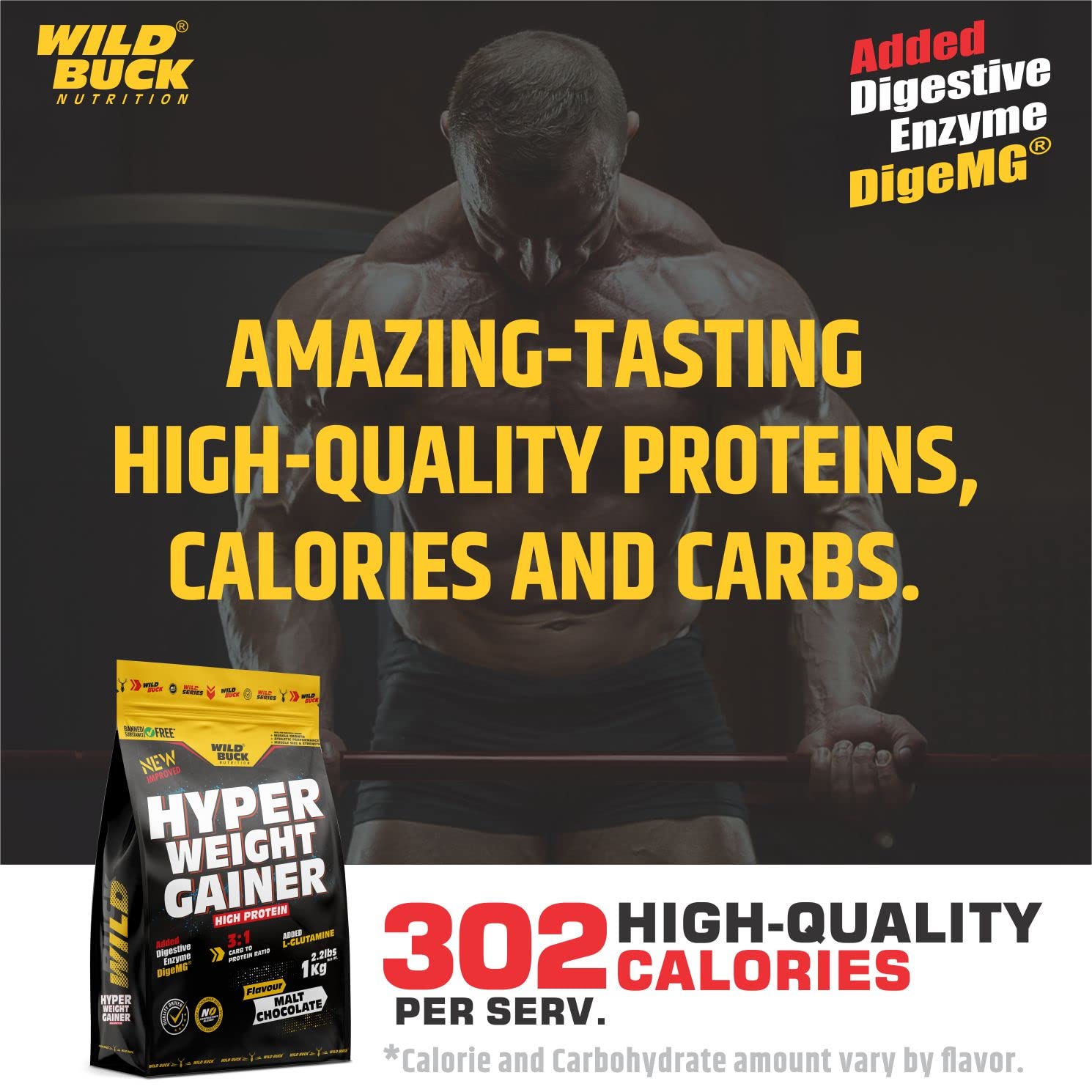 WILD BUCK Hyper Weight Gainer Powder High Protein Muscle Mass & Weight Gainer With L-Glutamine & Digestive Enzymes For Muscle Gain [Malt Chocolate, 1 Kg / 2.2 Lb], 1 count, 25 servings — Amazon image 4