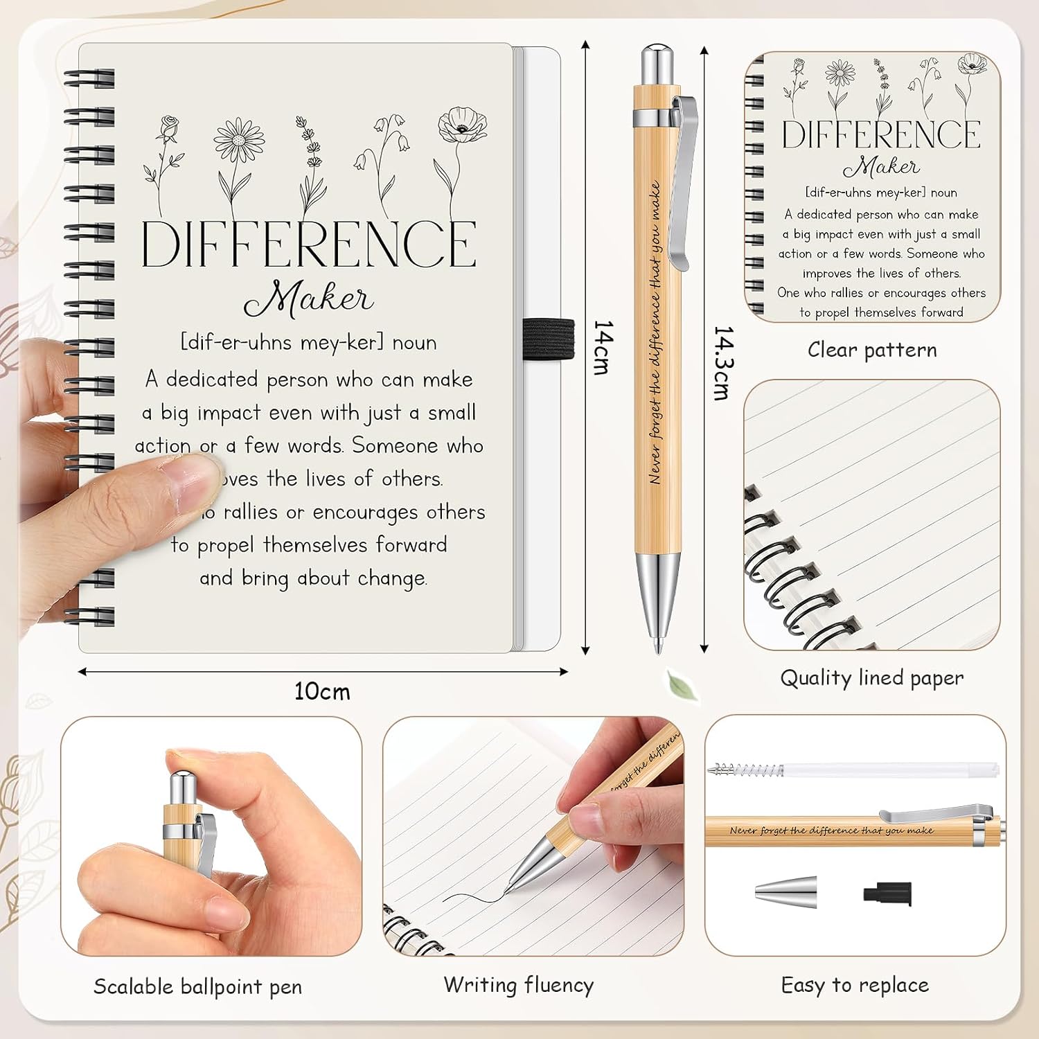 Suclain 7 Pcs Difference Maker Appreciation Gifts, Spiral Notebook, Coffee Mug, Canvas Bag, Makeup Bag, Ballpoint Pen, Inspirational Keychain Card Thank You Gift for Women Coworker Employee
