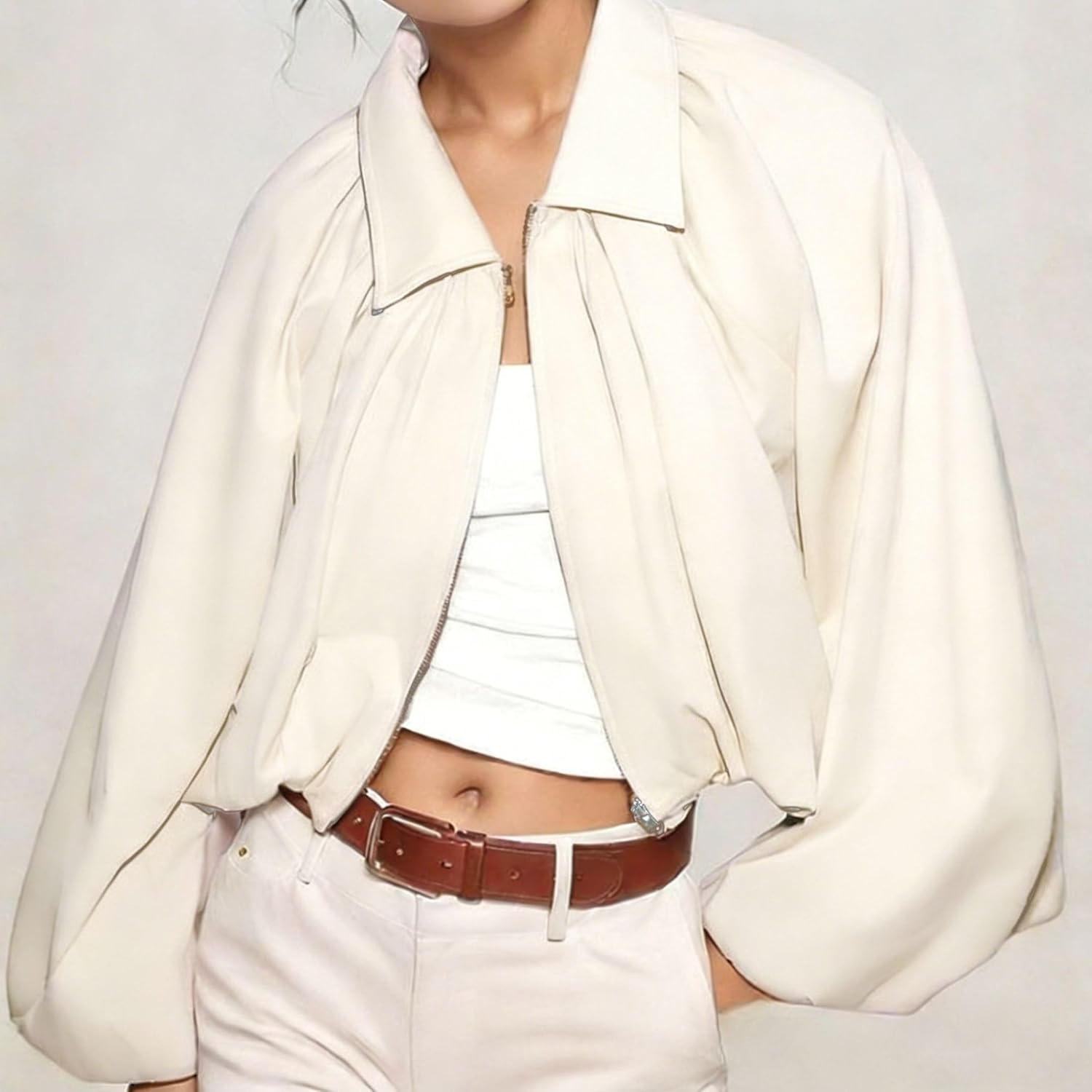 Xunger Women’s Puff Sleeve Bomber Jacket Casual Lapel Collar Full Zip Loose Fit Fashion Spring Fall Crop Pleated Shirts