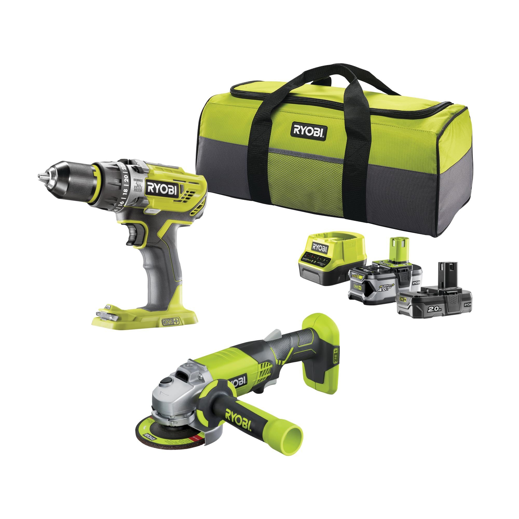 Ryobi Kit Trapano a Percussione e Smerigliatrice 18V ONE+ con 2 Batterie (4.0Ah e 2.0Ah), Caricatore, Avvitatore 50 Nm con Mandrino in Metallo, Flex con Disco 115 mm, Borsone, R18PDAG-242S