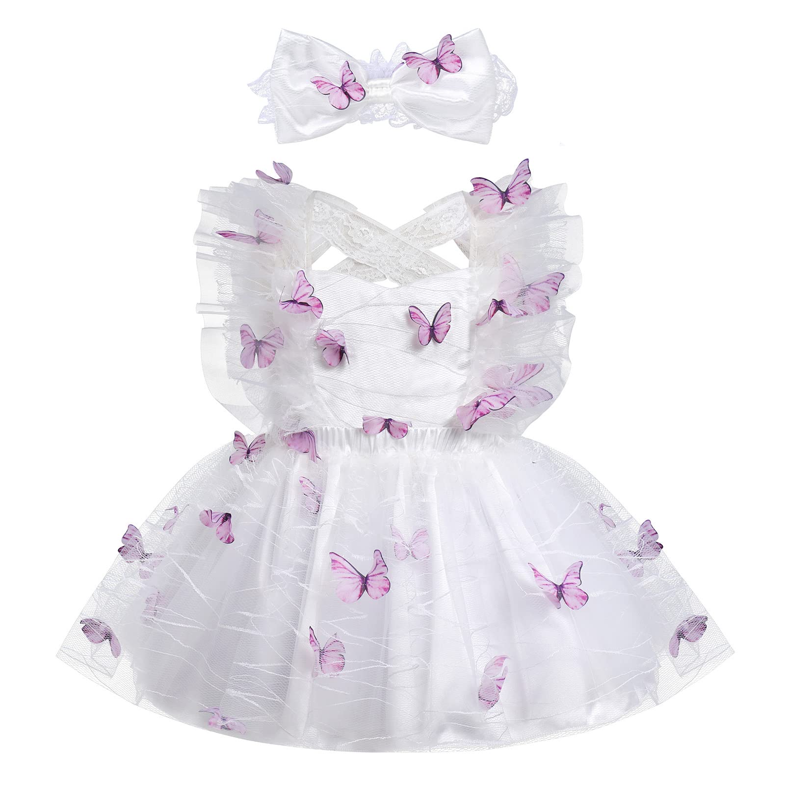 IDOPIP Baby Girls Butterfly Tutu Dress Summer Backless Lace Princess Birthday Party Dresses Toddler Girl Communion Pageant Flower Sundress with Headband Outfit White Butterfly - Lace 6-12 Months