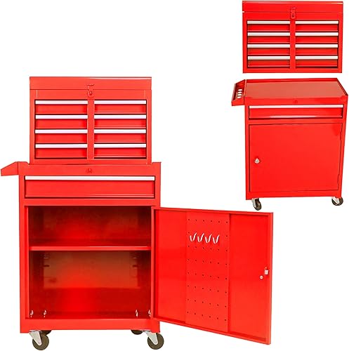 Miniatura 15 de Armario desmontable para herramientas rodante, 6 cajones y 2 gabinetes, organizador de caja de herramientas extraíble con 4 ruedas