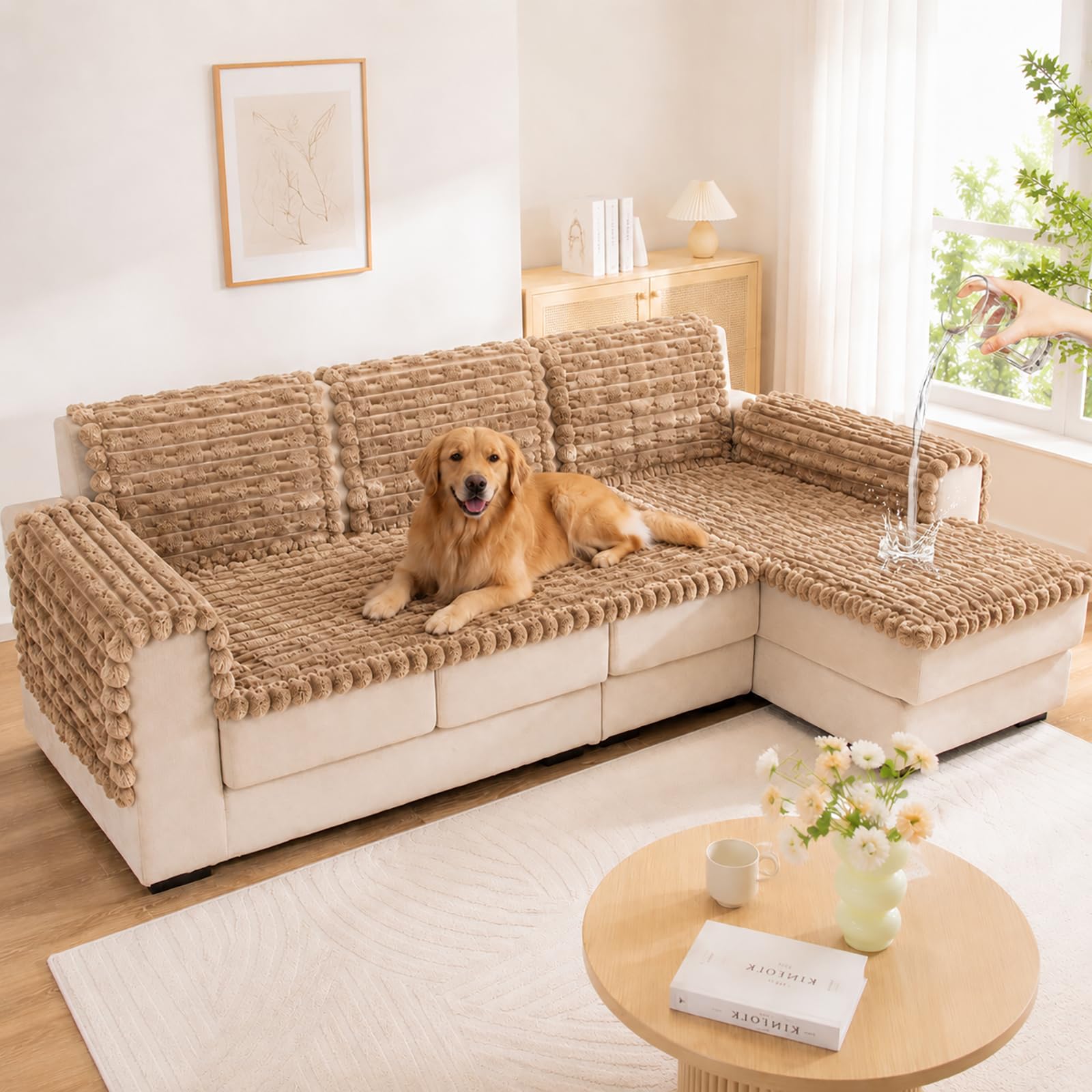 Wnote Thick Leakproof Sofa Cover, Khaki, Sectional Sofa | Sofa Slipcovers Washable, Non-slip Sofa Covers 3 Seaters,Couch Covers Protectors for Dogs,Sofa Covers for Leather Sofa for Living Room