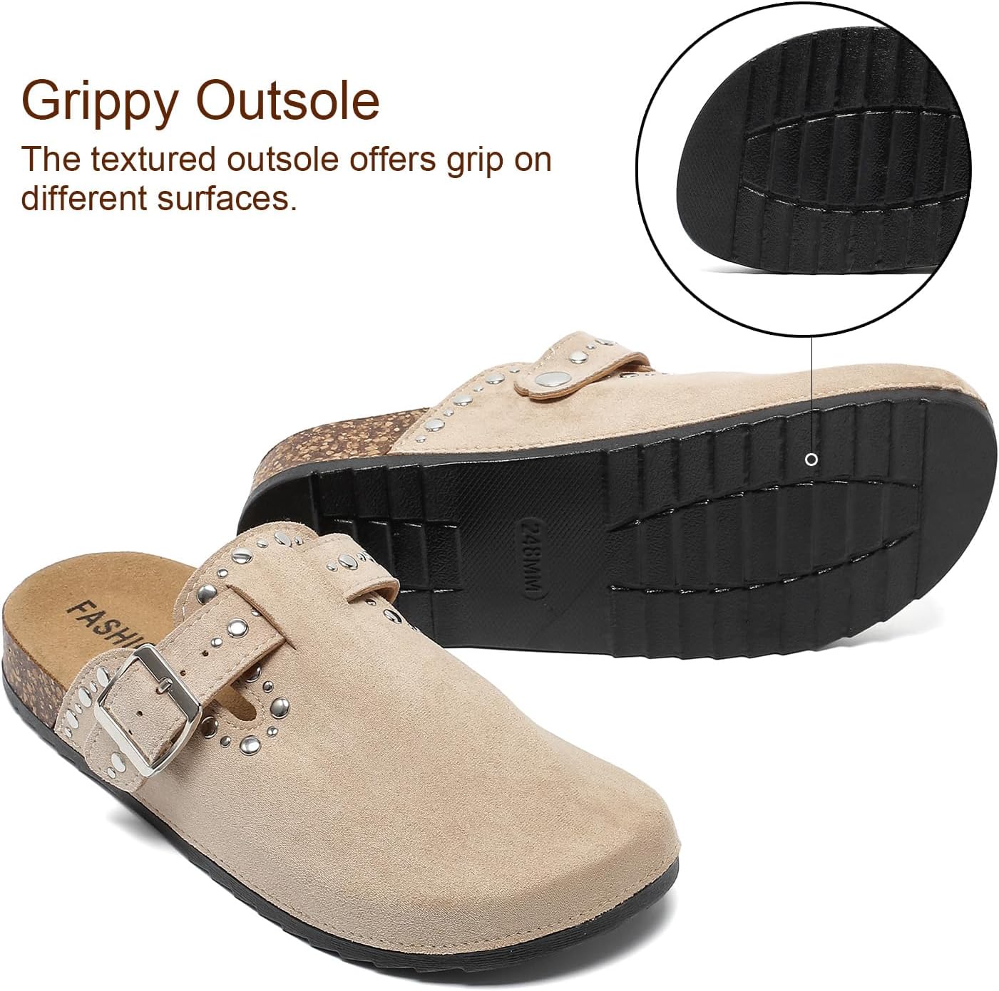 YorFotMae Womens Suede Clogs Mens Leather Slip On Mules Comfortable Adjustable Buckle Arch Support Slippers Cork Footbed Studded Potato Shoes - Image 6
