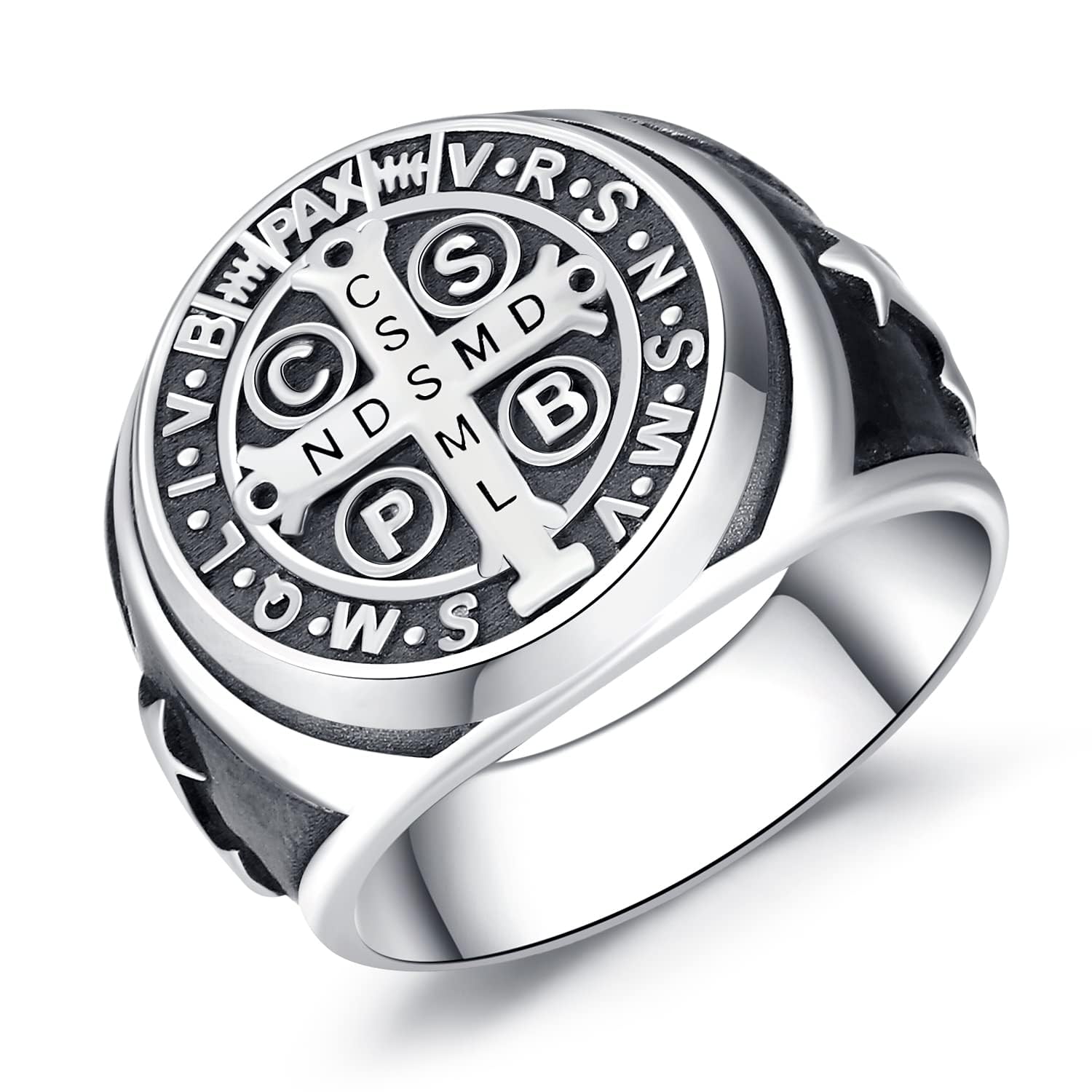 Anillo de Sello para Hombre Plata de Ley 925 Anillo San Benito Cruzado Vintage Religiosa Anillo Punk Hip Hop Joyería para Mujer Hombre