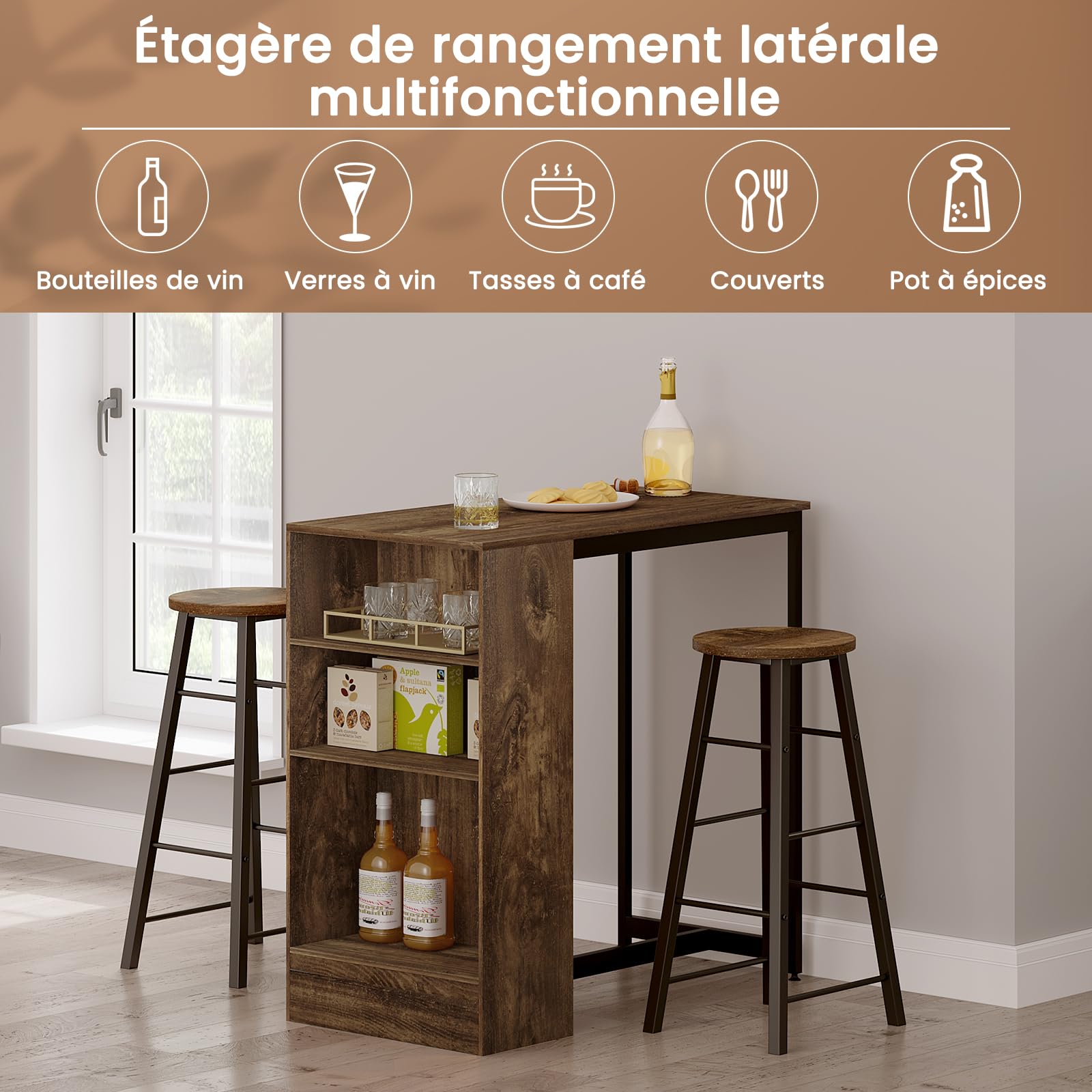 WOLTU Table Bar 90 x 50 x 90 cm, Table Haute Cuisine et 3 Compartiments de Rangement, Mange Debout en Métal & Bois, Rustique+Noir