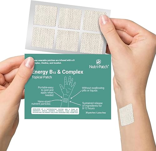 NUTRI-PATCH Energy B12 & Complex Topical Patch, infundido con B1, B2, B3, B5, B6, B12, biotina, colina e inositol, 30 unidades