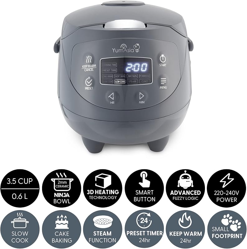 Yum Asia Panda Mini rizsfőző Ninja kerámia edénnyel, 0,63L kapacitás, 8 főzési program, fuzzy logic technológia, 350W, kobalt szürke