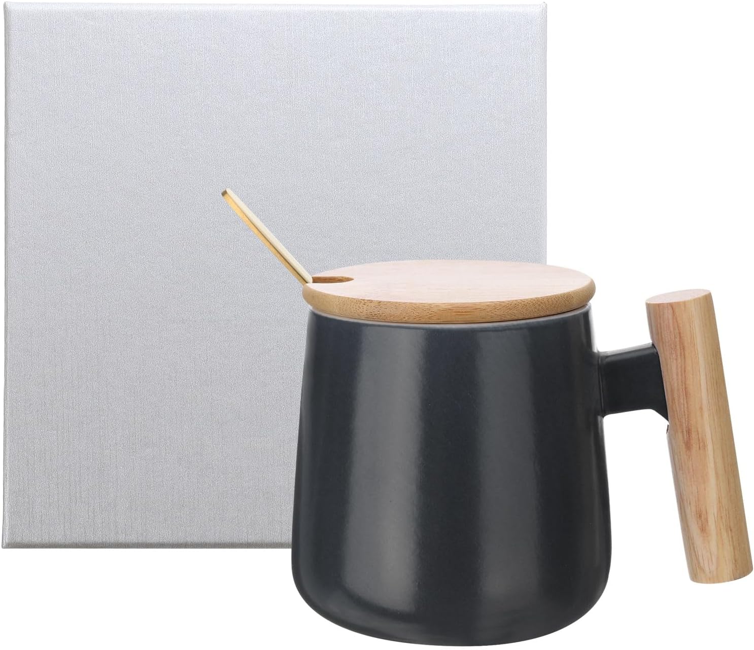 HARFINGTON Ceramic Coffee Mug Set 12.85 Oz Simple Wooden Handle Large Tea Cup Handmade Ceramic Mugs Gift Box with Lid and Spoon for Office Kitchen Home and Gifts for Women and Men, Black