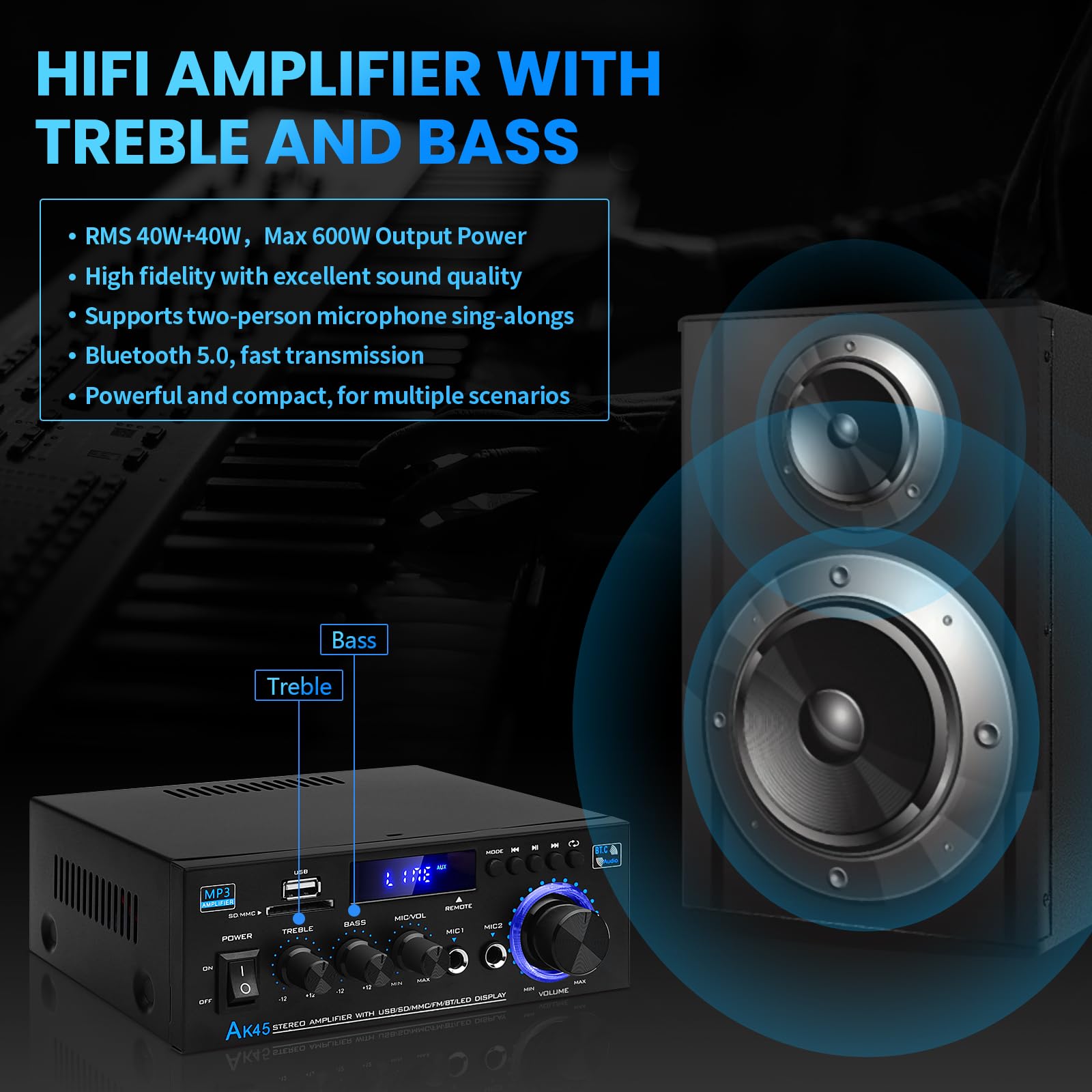 AK45 Bluetooth 5.0 Power Amplifier 2.0CH 40W x 2 Output Max 400W Subwoofer Hi-Fi Audio Amplifier Stereo Amp Receiver for Home Theater and Car Speaker W/Mic USB FM Radio — Amazon image 6