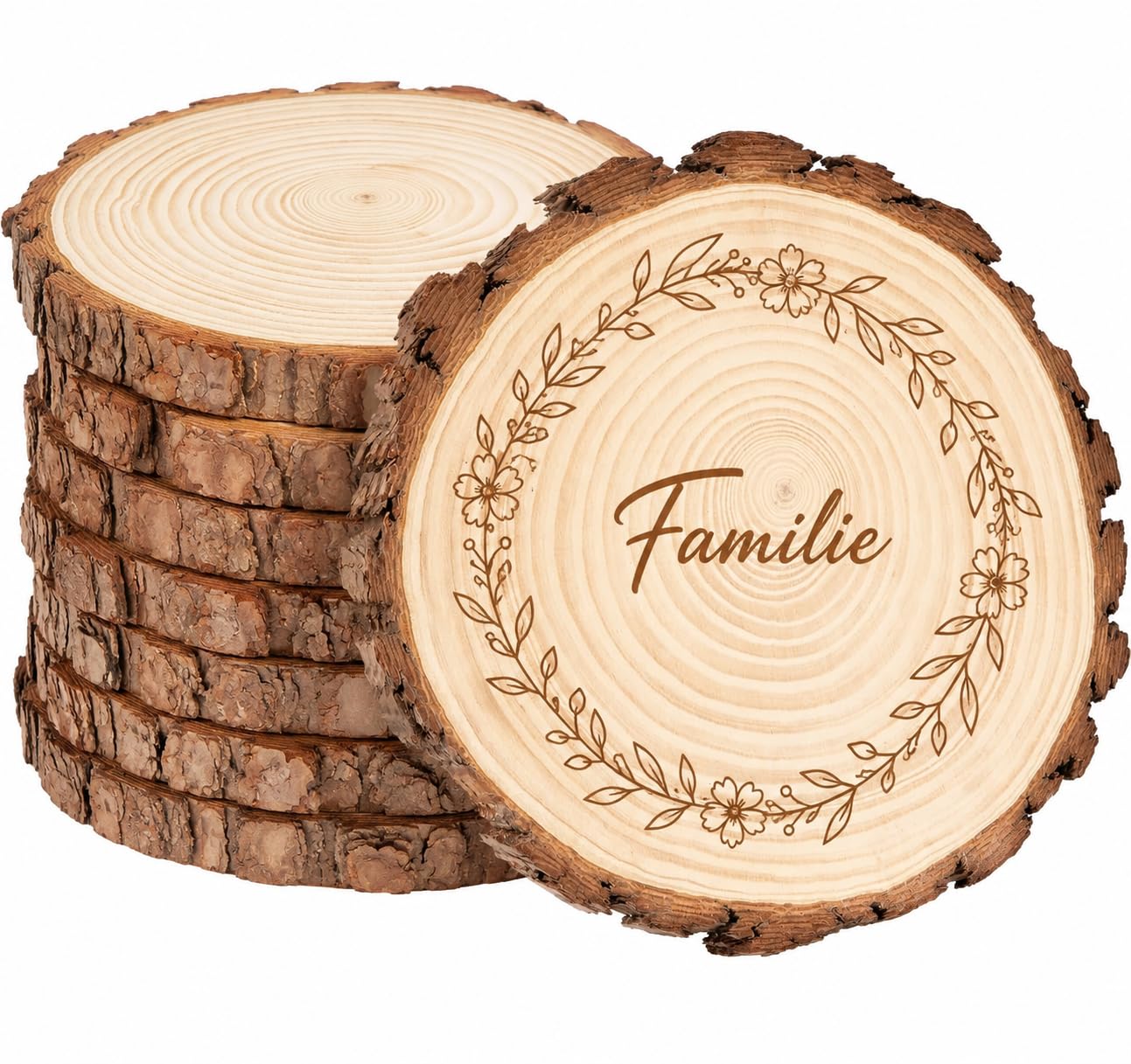 6er Set Personalisierter Holzscheiben mit Gravur Text Muster, 20-22 cm Durchmesser Baumscheiben Natur ohne Loch 15 mm Dicke, Große Holzscheiben für Hochzeit, Tischdeko & DIY Basteln