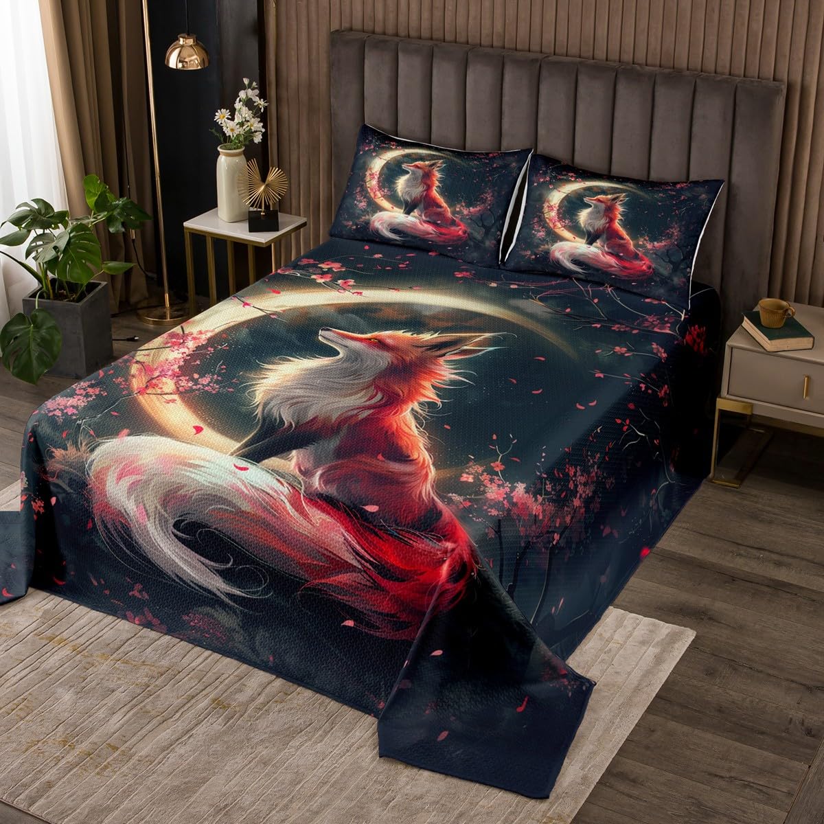 Exotic Fox Quilts Set for Kids Boys,Traditional Japanese Cherry Blossom 2Pcs Bedspread Coverlet Set,Boho Wildlife Bed Cover Set,Gothic Moon Sky Bedspread Coverlet with 1 Pillowshams (Twin Size)
