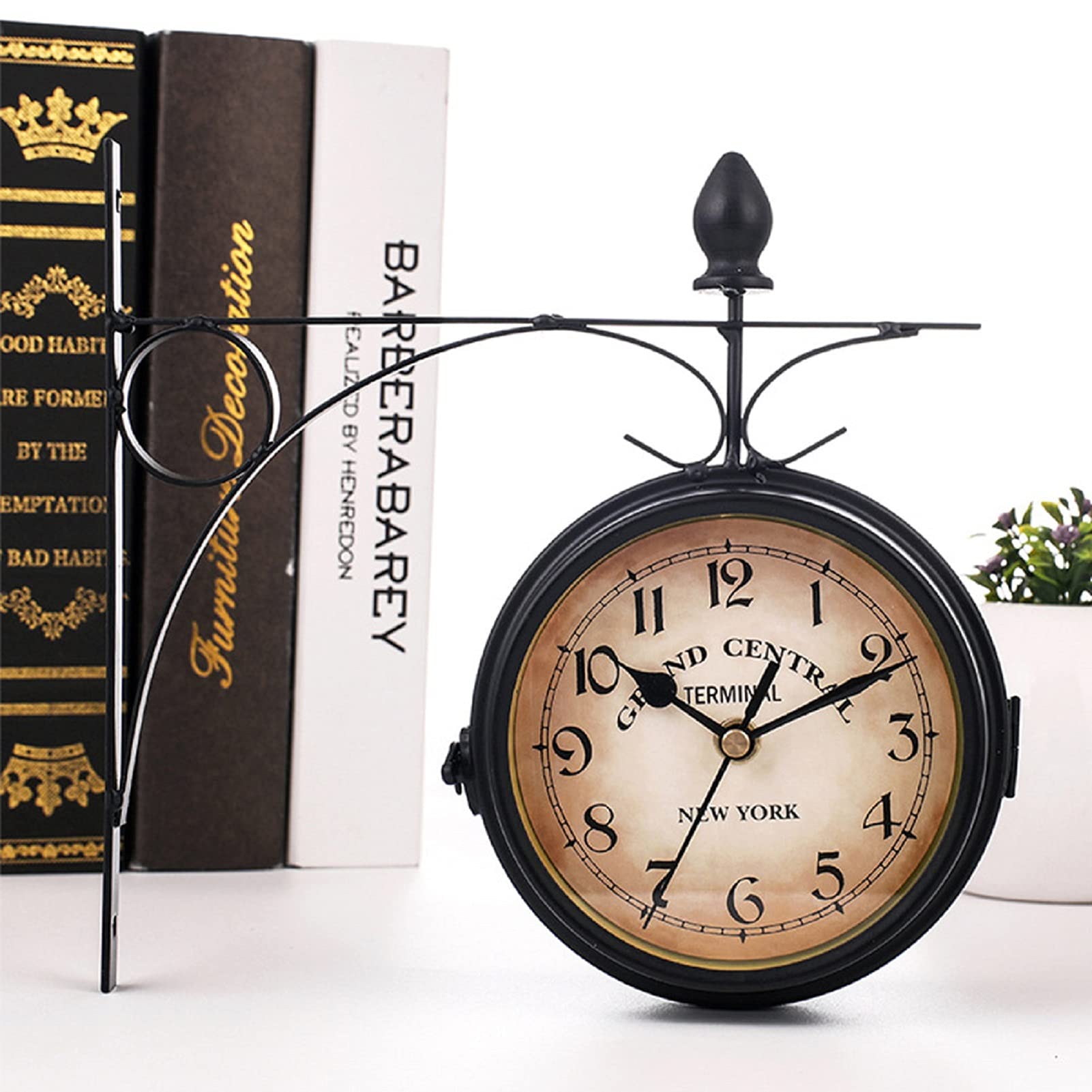 Buy NEWIMAGE Outdoor Double Sided Clock 8inch Round Wall Hanging Double-Sided Station Clock Decorative Wrought Iron Hanging Clocks For Home Decor Porch