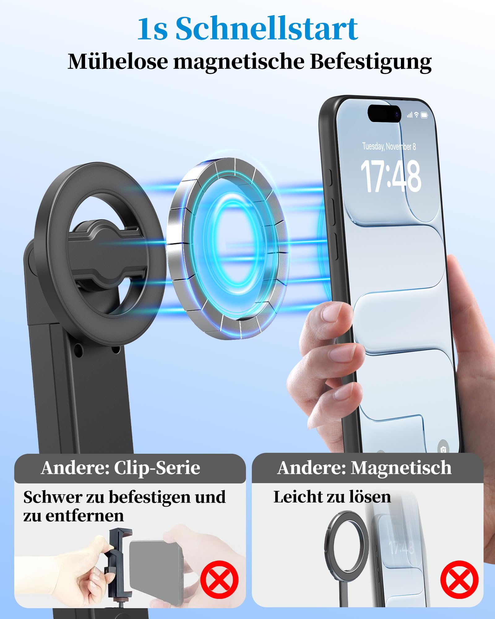 PlusAcc 184cm Auto Face Tracking Stativ Magnetischer Selfie Stick 360° Drehung Halter mit Fernbedienung kompatibel Magsafe Smartphone Videoaufnahmen Vlogging TikTok