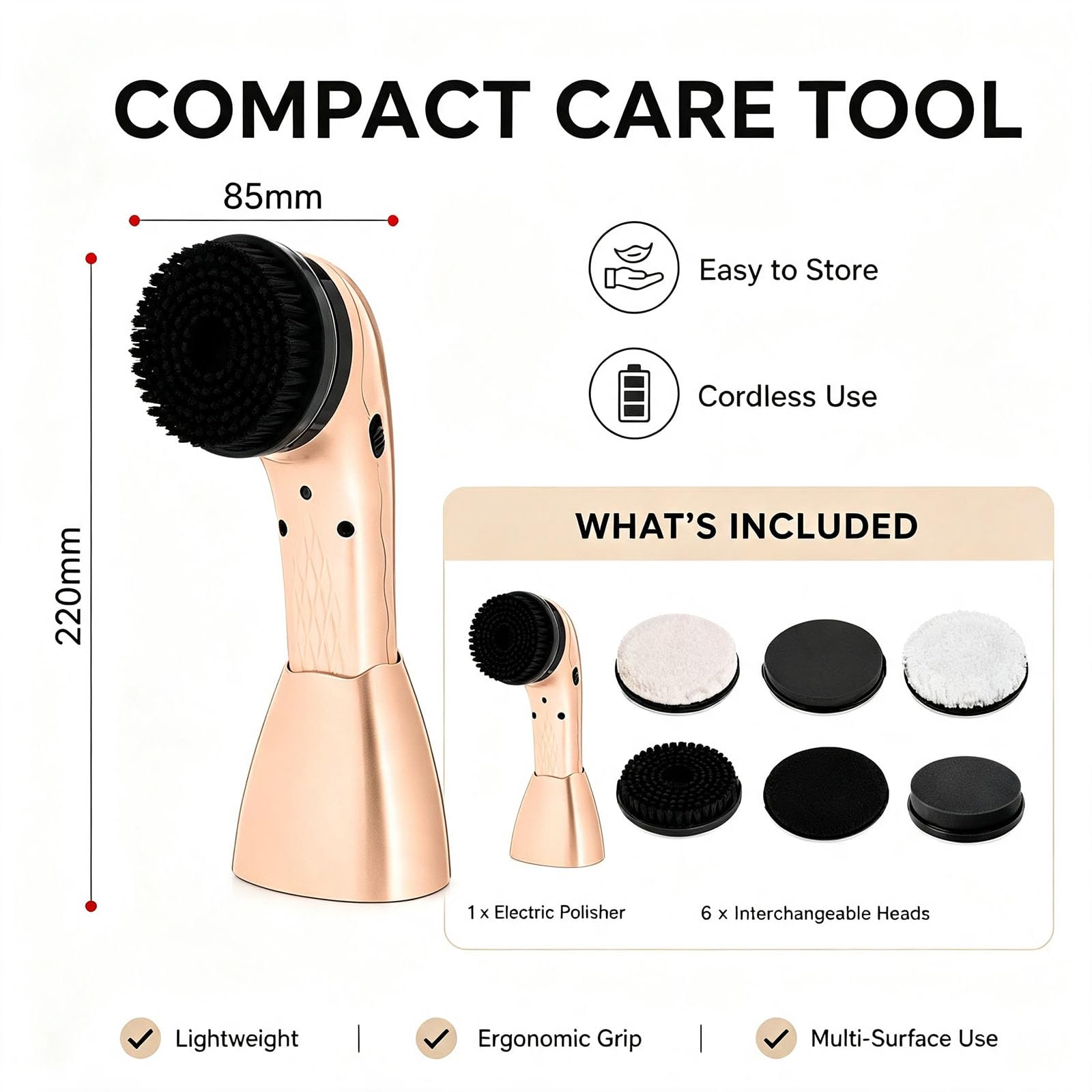 Lucidascarpe Elettrico Portatile, Kit per Lucidare Scarpe Ricaricabile, con 6 Testine, Base di Supporto, Testina Rotante, per Pulire E Lucidare Scarpe E Borse in Pelle